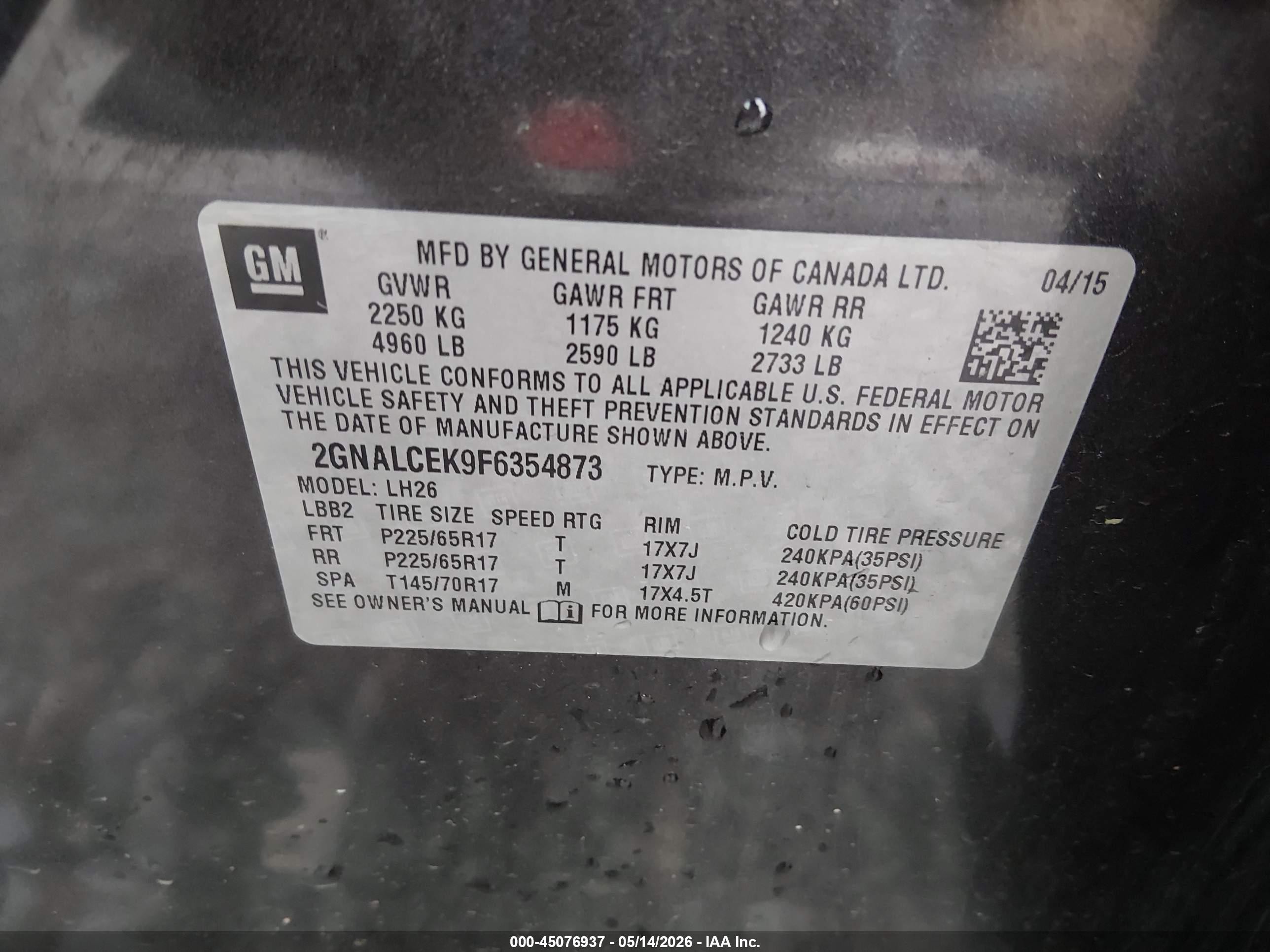 2015 Chevrolet Equinox 2lt Gray vin: 2GNALCEK9F6354873