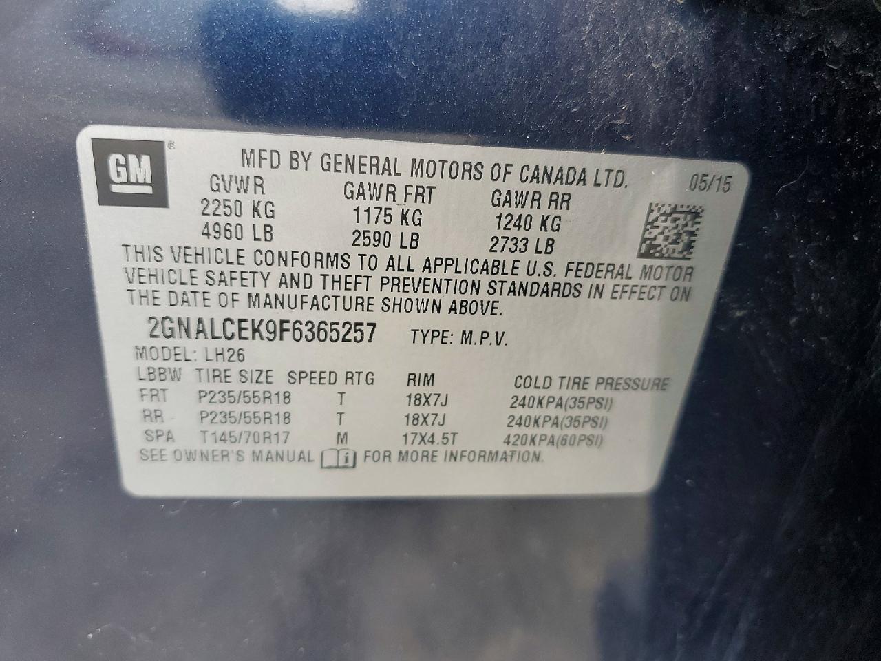 2015 Chevrolet Equinox Lt Blue vin: 2GNALCEK9F6365257