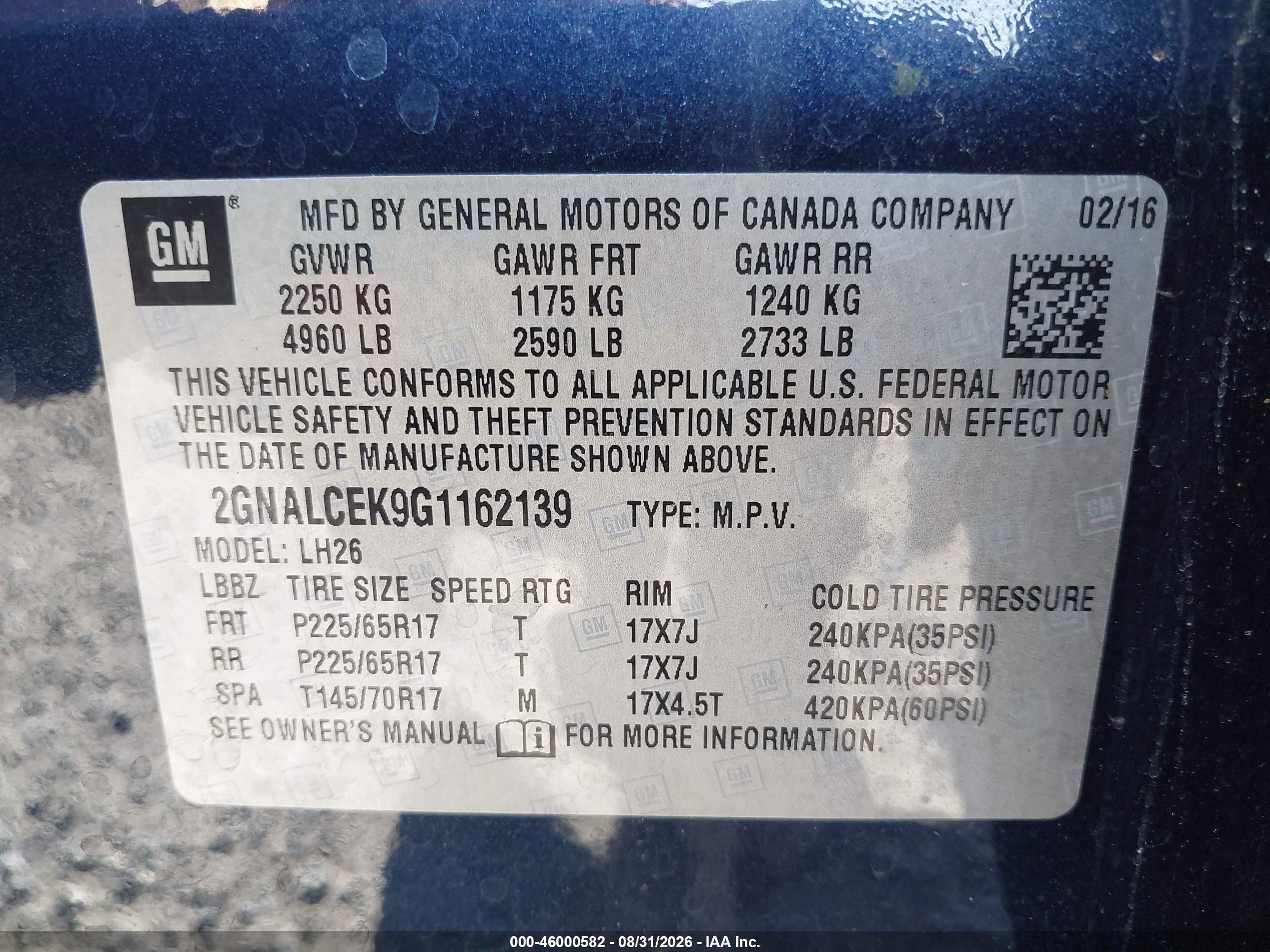 2016 Chevrolet Equinox Lt Синий vin: 2GNALCEK9G1162139