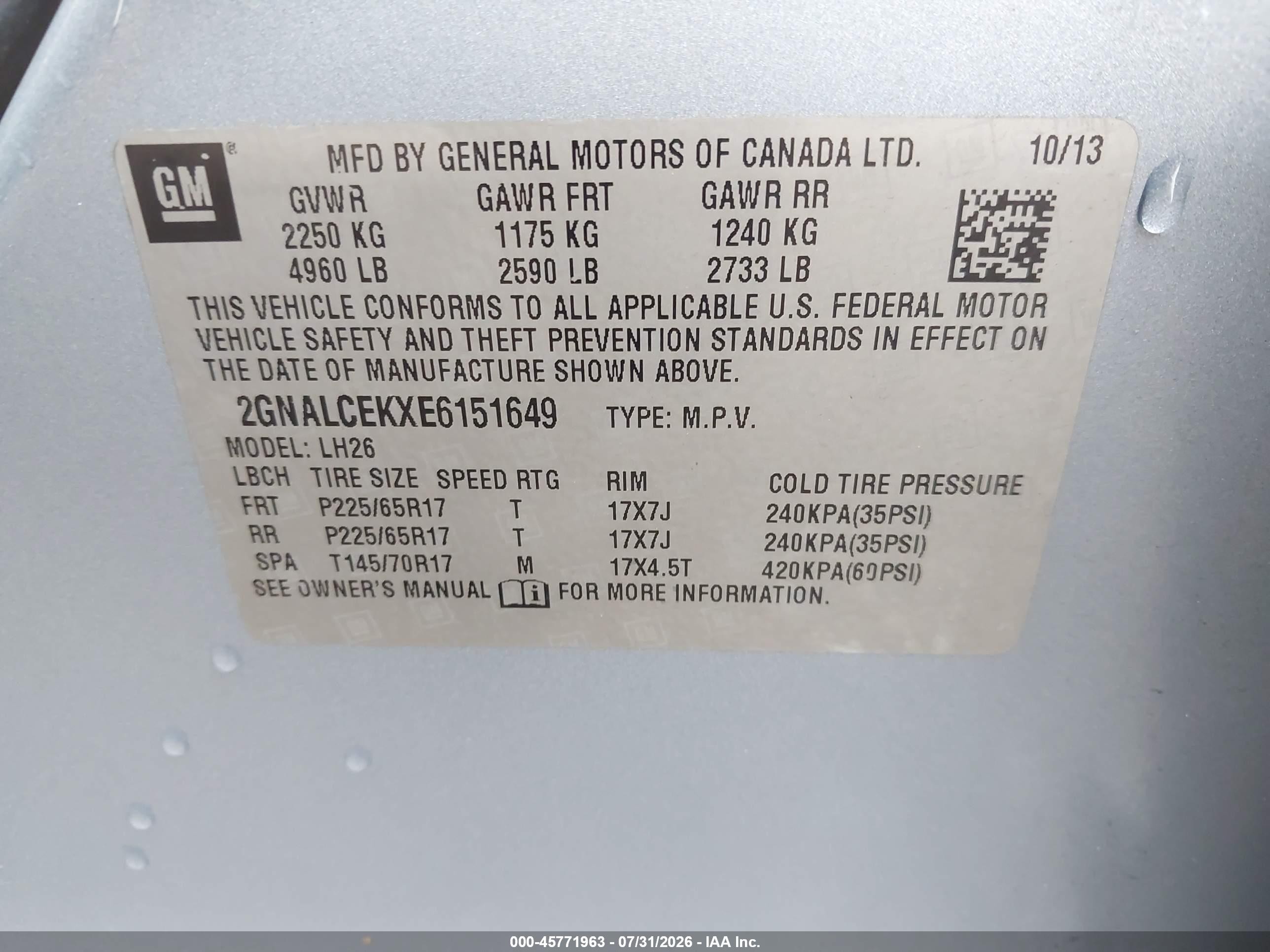 2014 Chevrolet Equinox Lt Light Blue vin: 2GNALCEKXE6151649