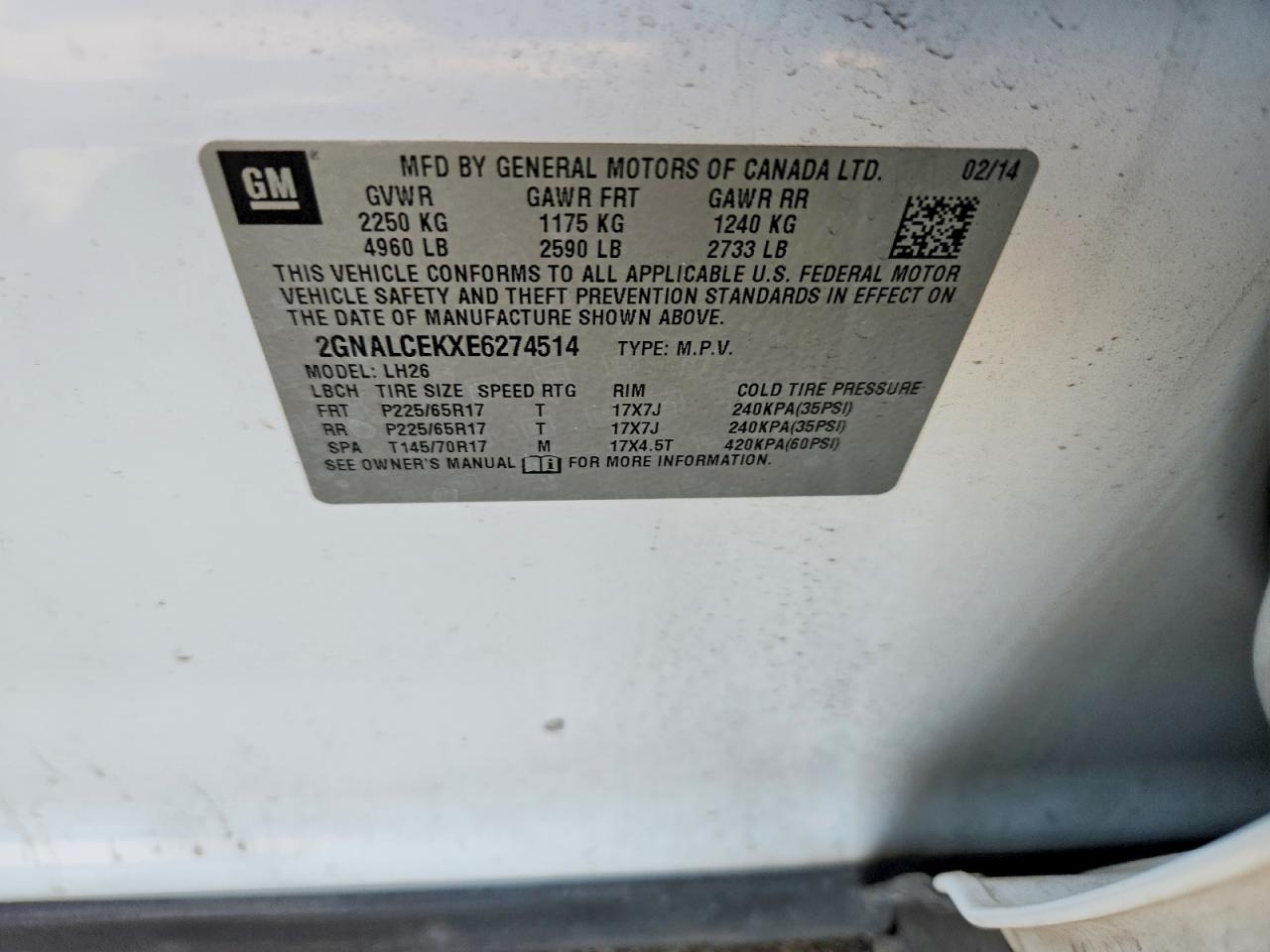 2014 Chevrolet Equinox Lt White vin: 2GNALCEKXE6274514