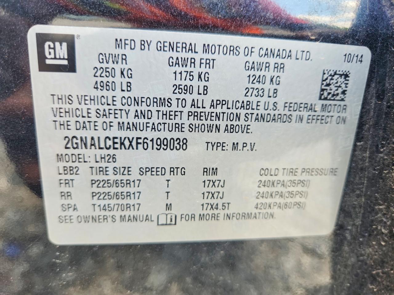 2015 Chevrolet Equinox Lt Black vin: 2GNALCEKXF6199038