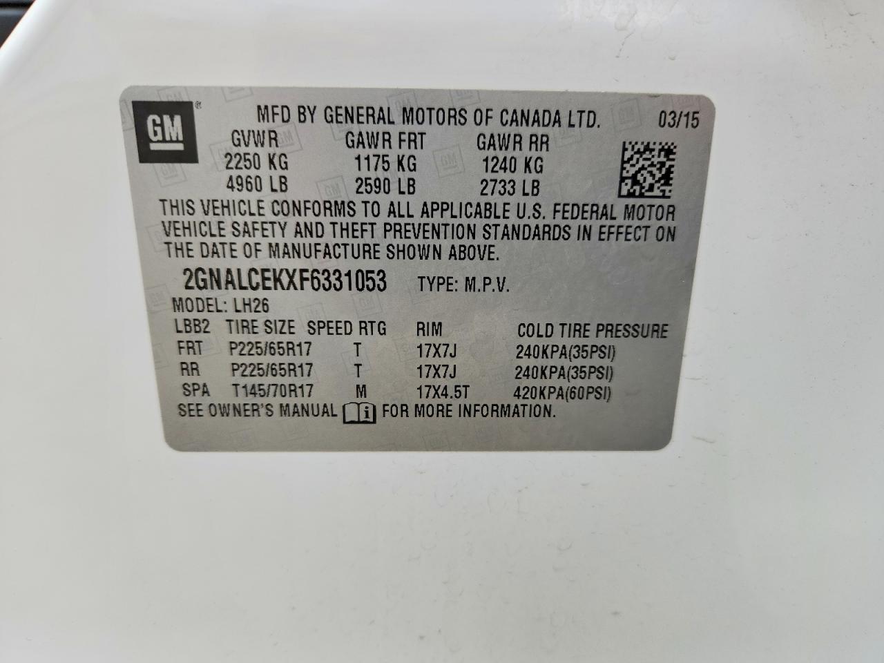 2015 Chevrolet Equinox Lt White vin: 2GNALCEKXF6331053