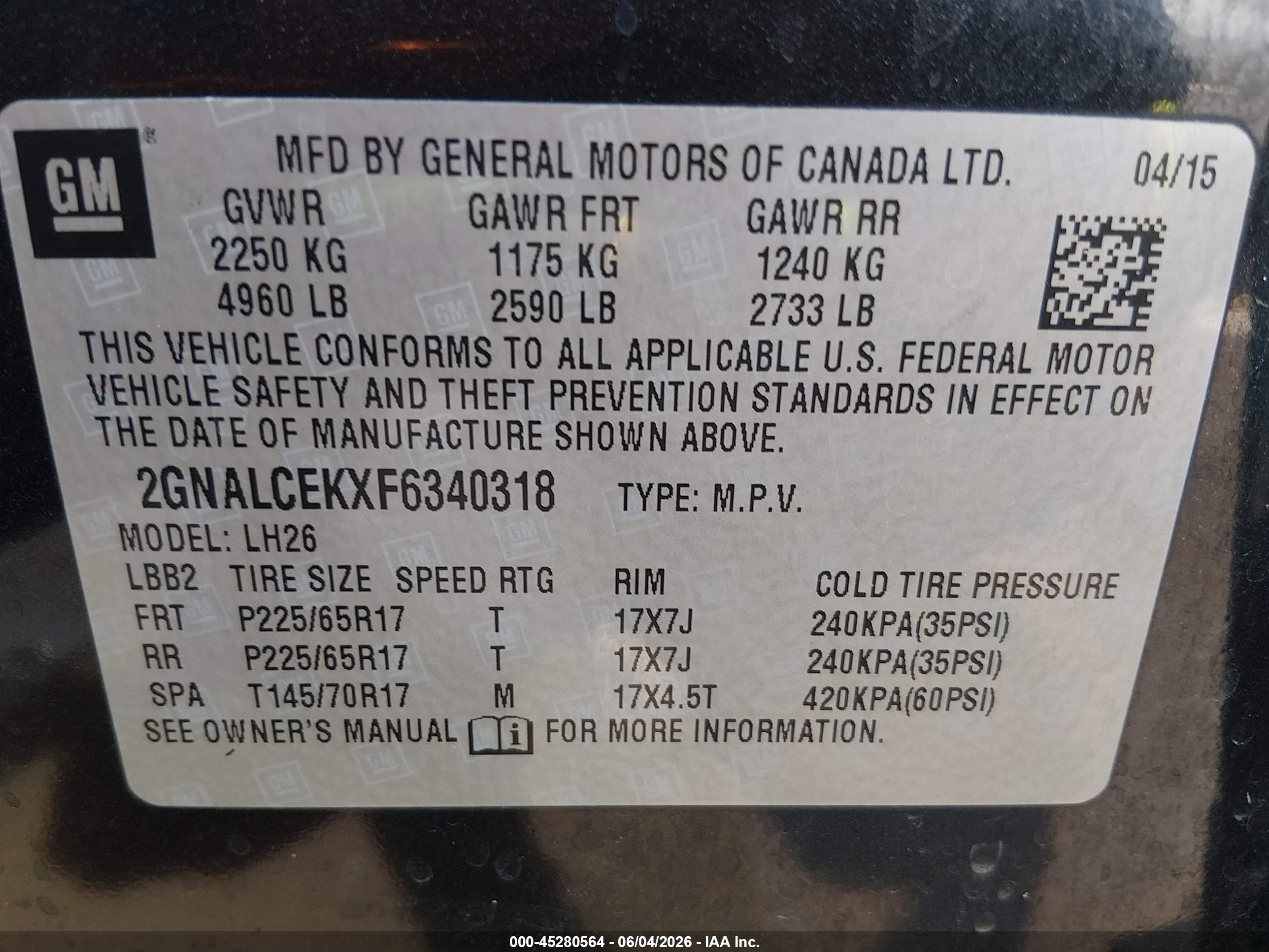 2015 Chevrolet Equinox 2lt Black vin: 2GNALCEKXF6340318