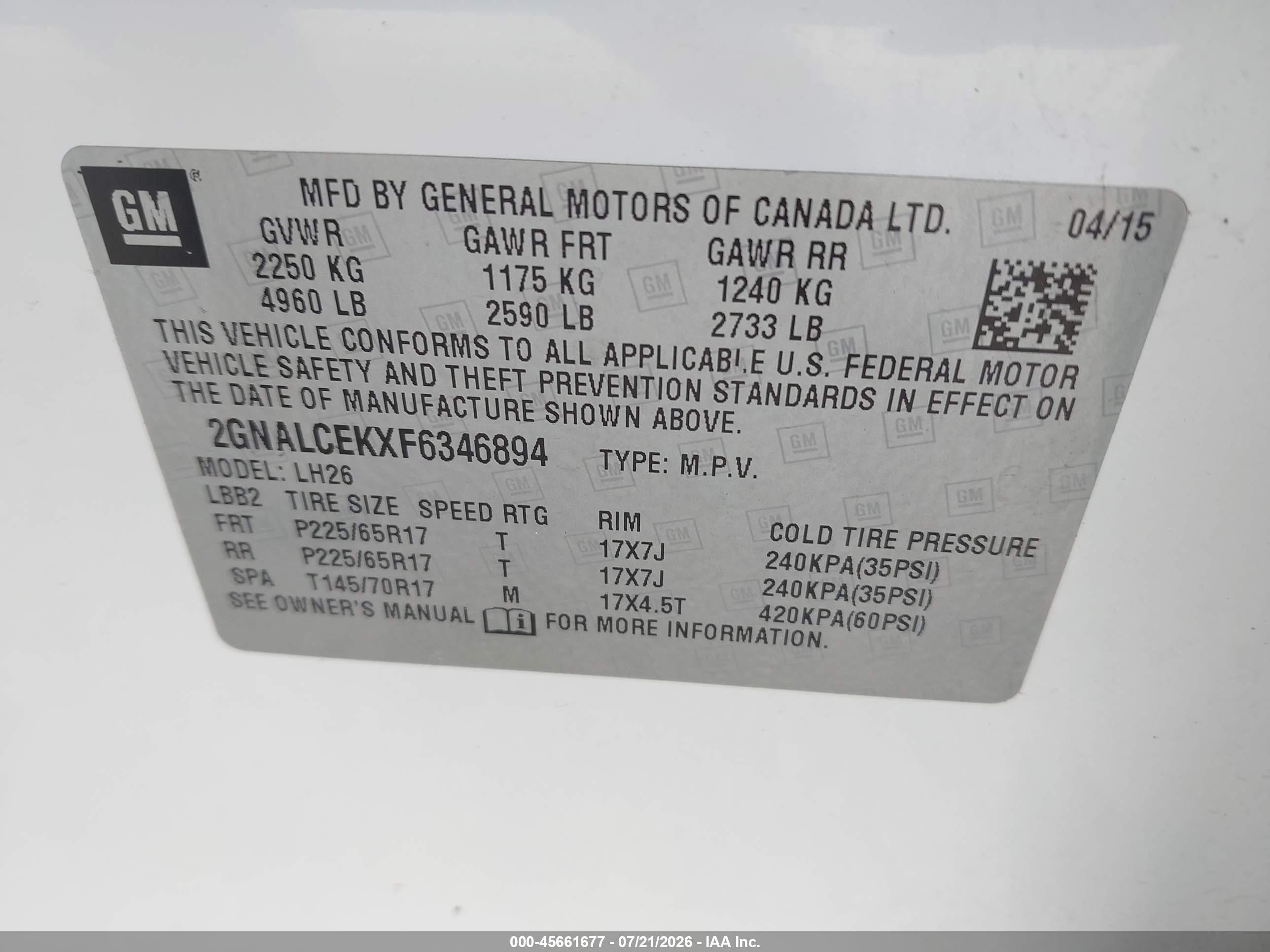 2015 Chevrolet Equinox Lt White vin: 2GNALCEKXF6346894