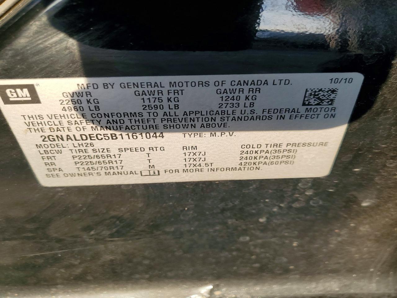 2011 Chev Equinox Lt Black vin: 2GNALDEC5B1161044