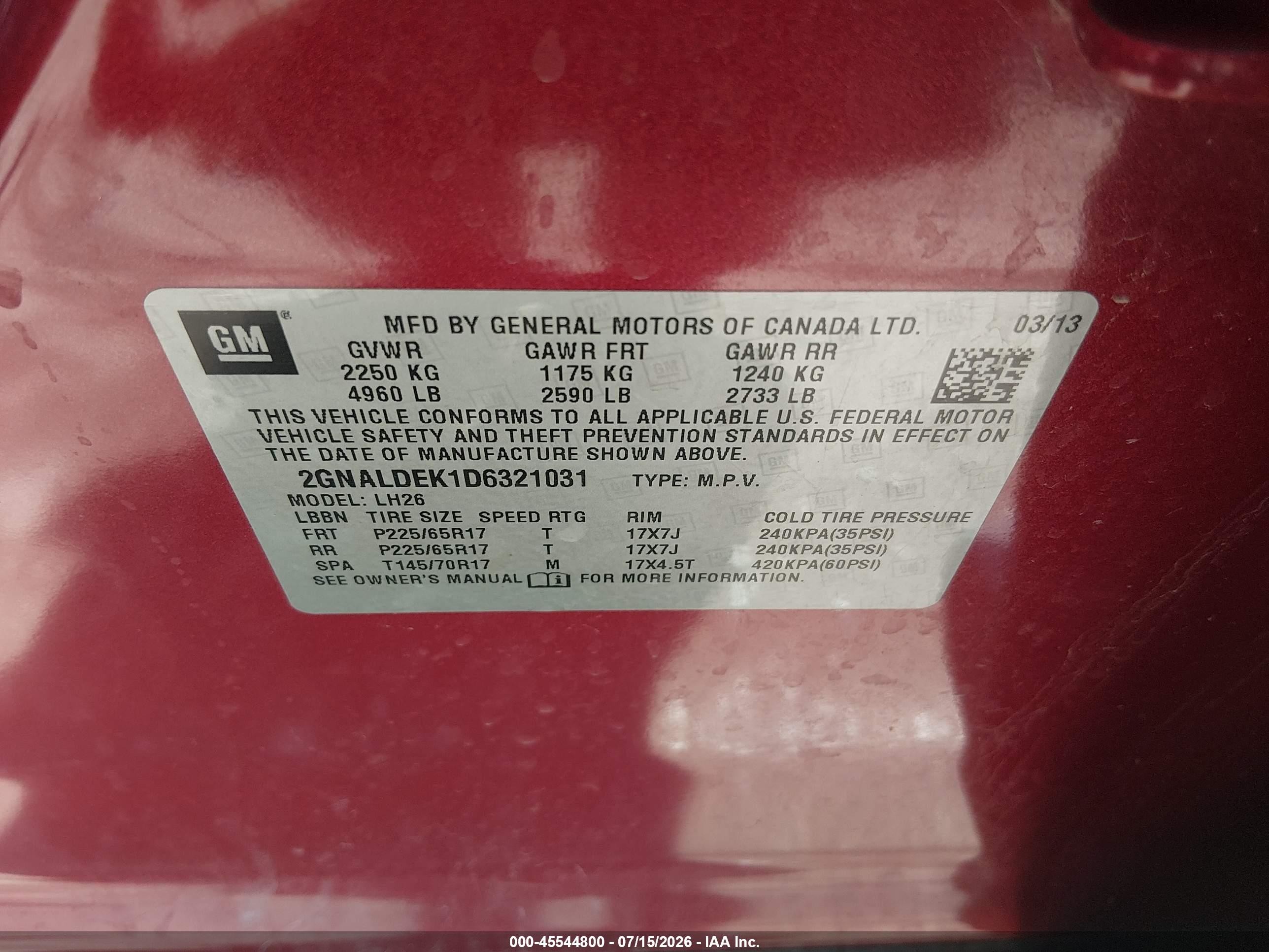 2013 Chevrolet Equinox 1lt Red vin: 2GNALDEK1D6321031