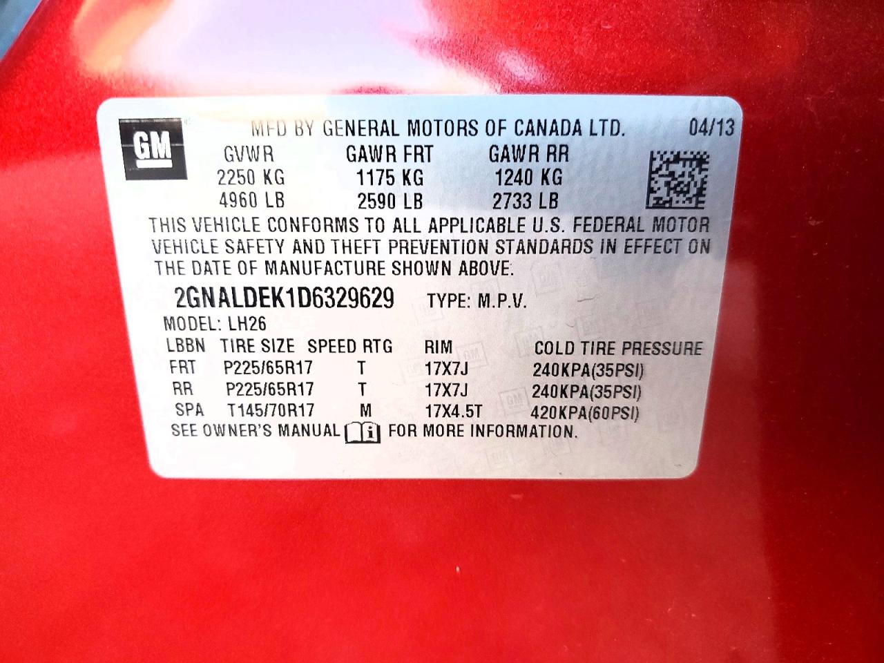 2013 Chevrolet Equinox Lt Red vin: 2GNALDEK1D6329629
