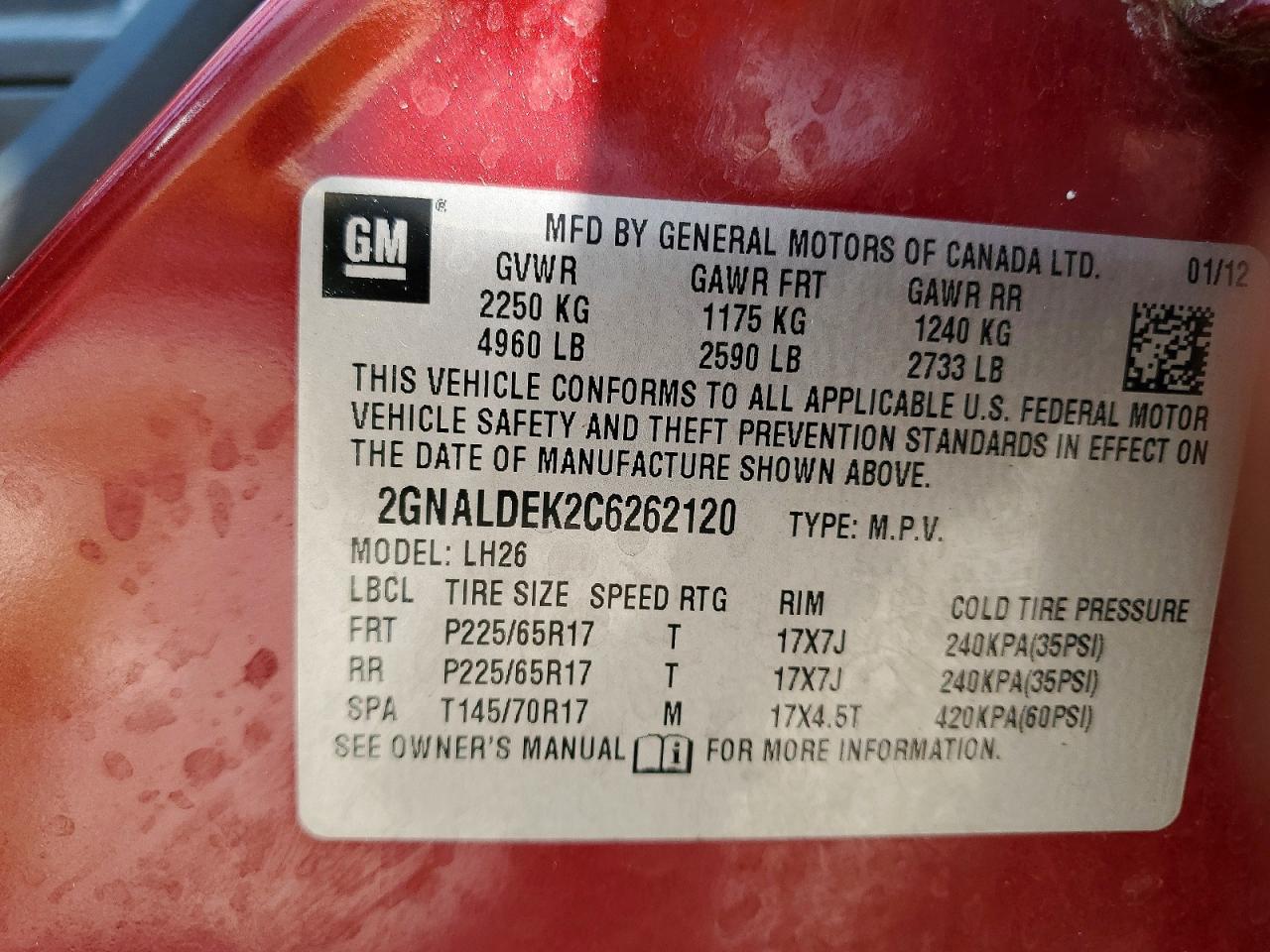 2012 Chevrolet Equinox Lt Red vin: 2GNALDEK2C6262120