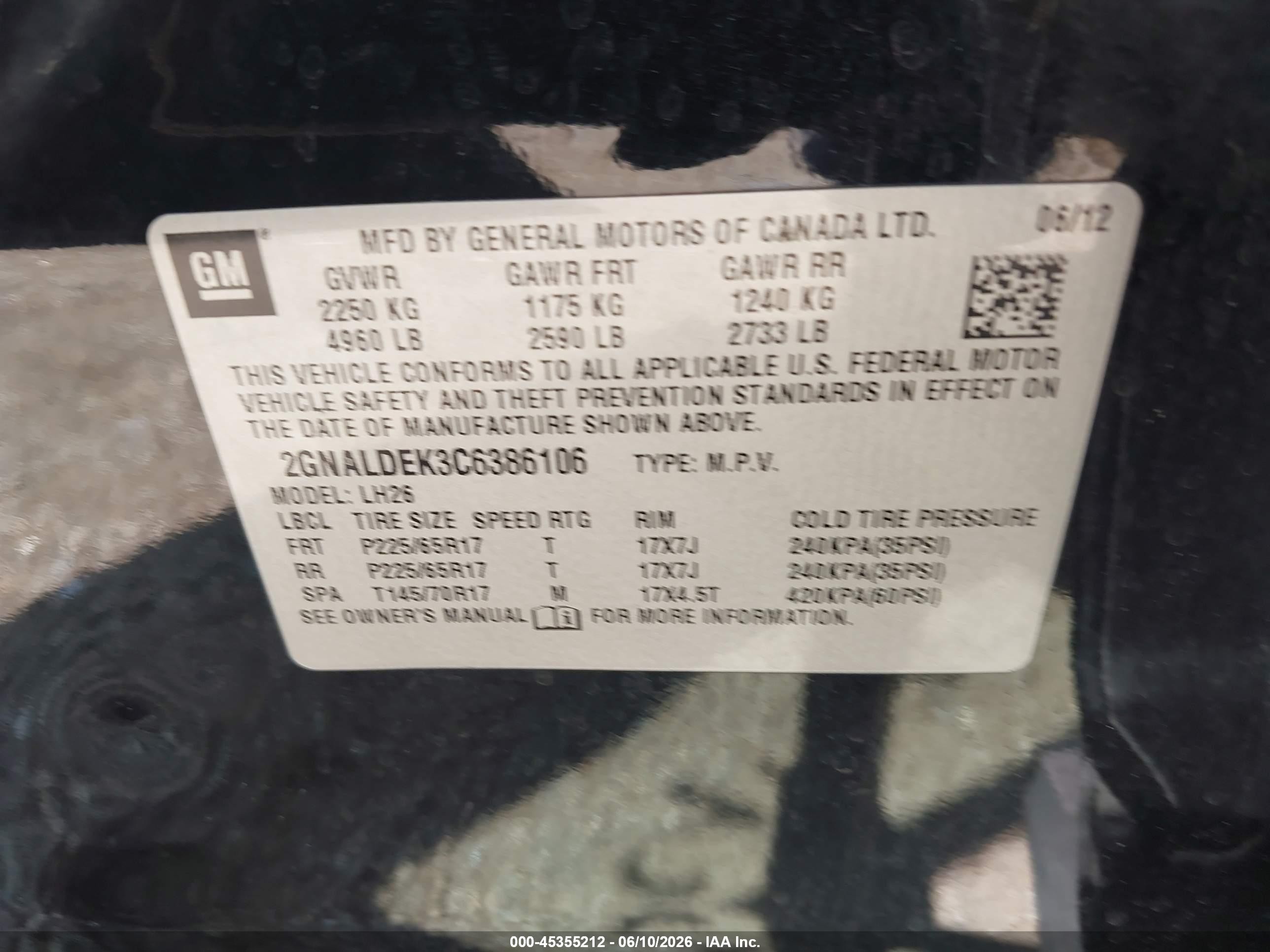 2012 Chevrolet Equinox 1lt Black vin: 2GNALDEK3C6386106