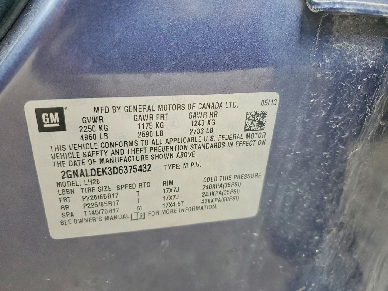 2013 Chevrolet Equinox Lt Blue vin: 2GNALDEK3D6375432