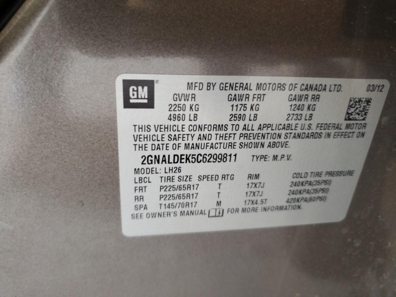2012 Chevrolet Equinox Lt Tan vin: 2GNALDEK5C6299811
