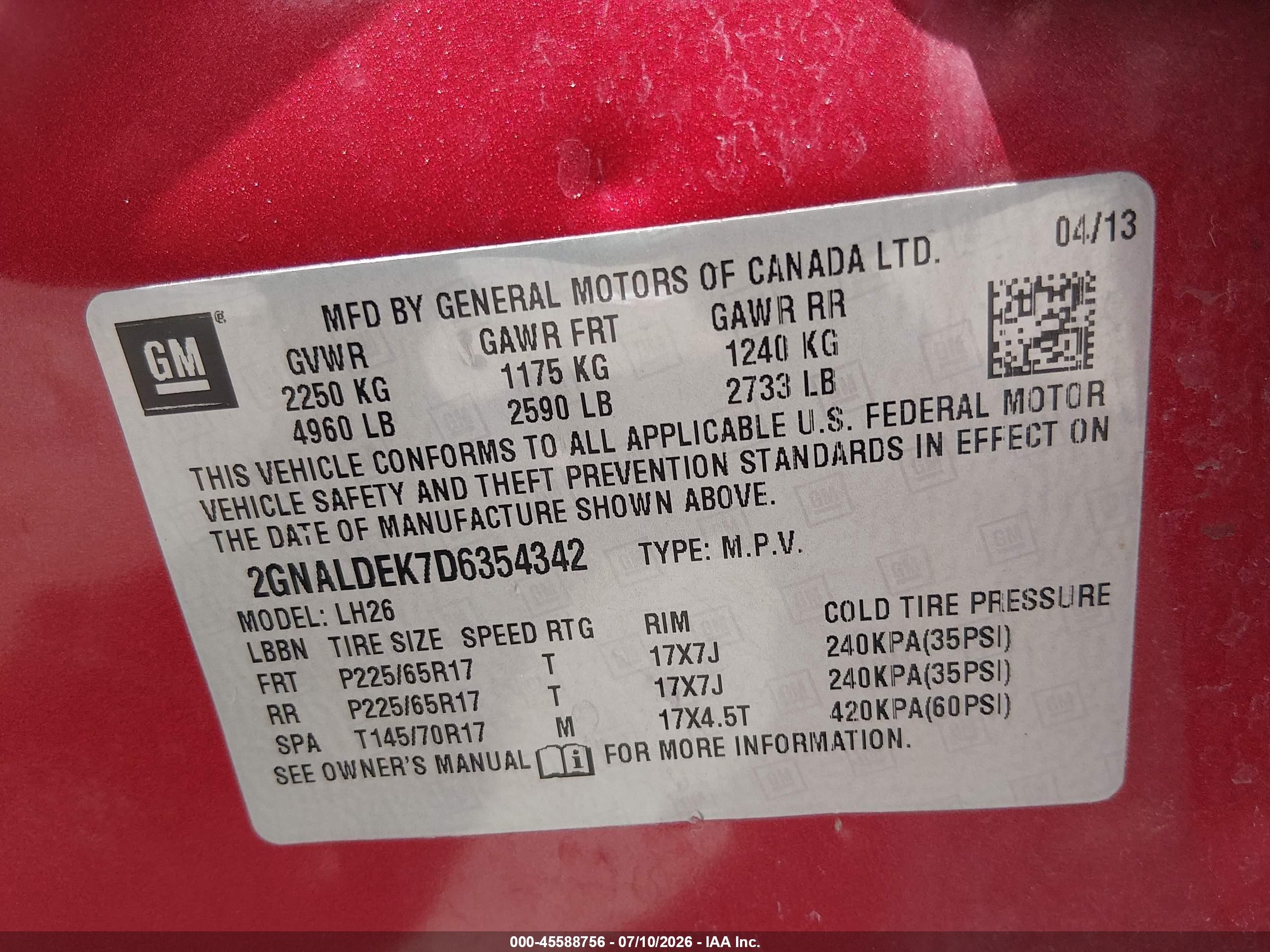 2013 Chevrolet Equinox Lt Red vin: 2GNALDEK7D6354342