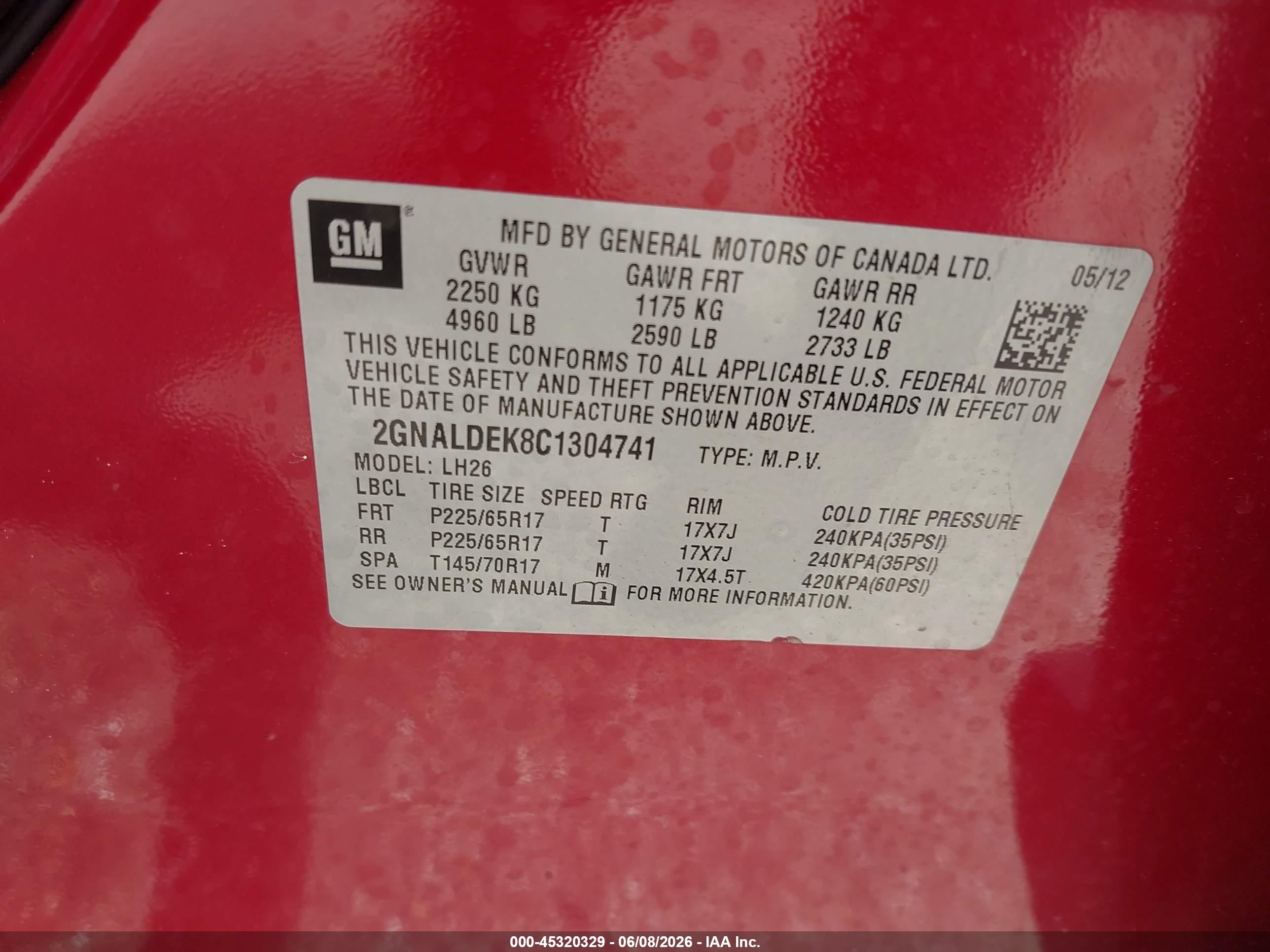 2012 Chevrolet Equinox 1lt Red vin: 2GNALDEK8C1304741