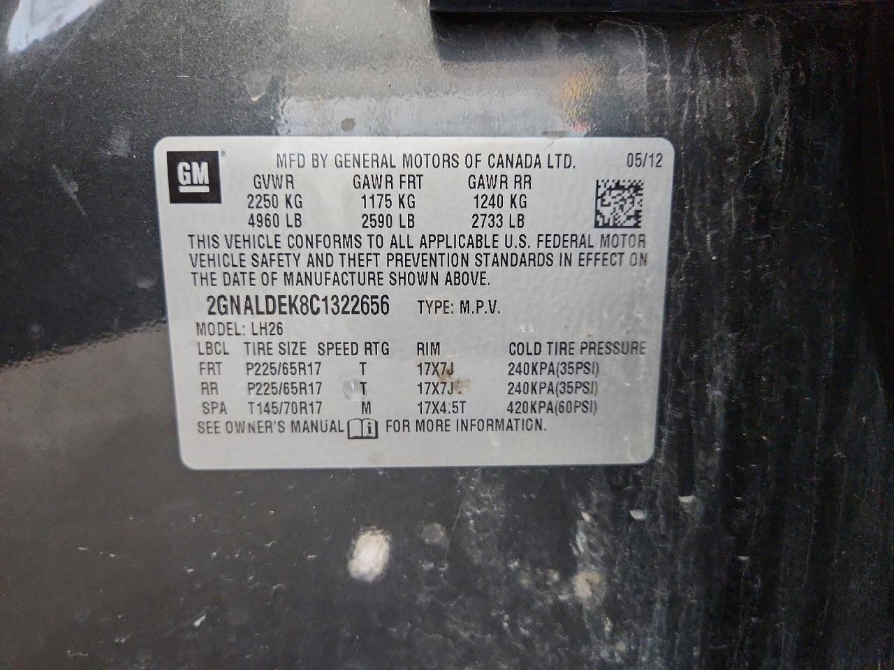 2012 Chevrolet Equinox Lt Charcoal vin: 2GNALDEK8C1322656