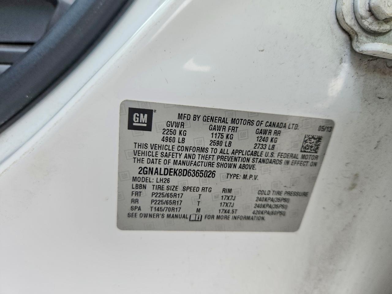 2013 Chevrolet Equinox Lt White vin: 2GNALDEK8D6365026