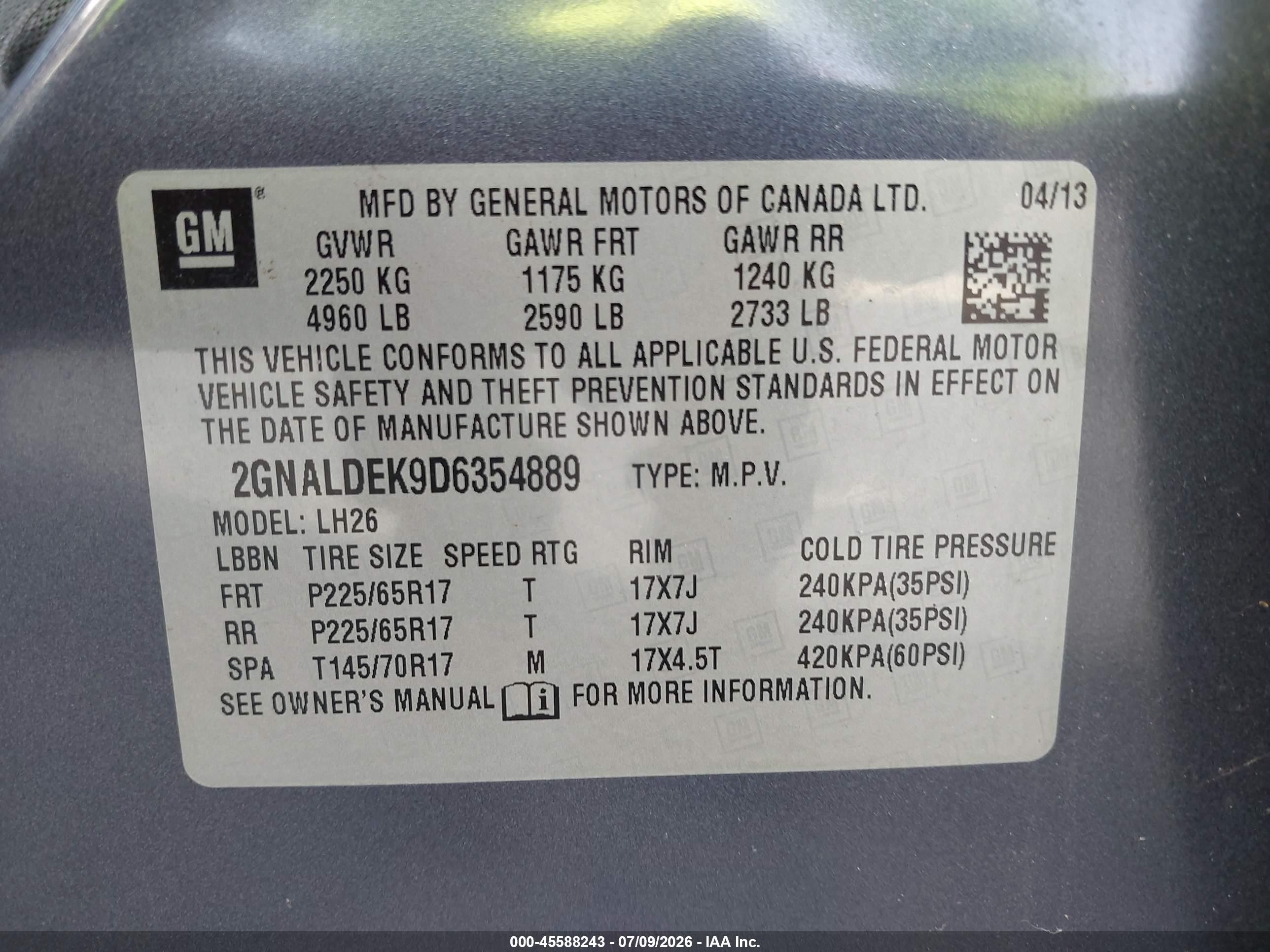 2013 Chevrolet Equinox Lt Blue vin: 2GNALDEK9D6354889
