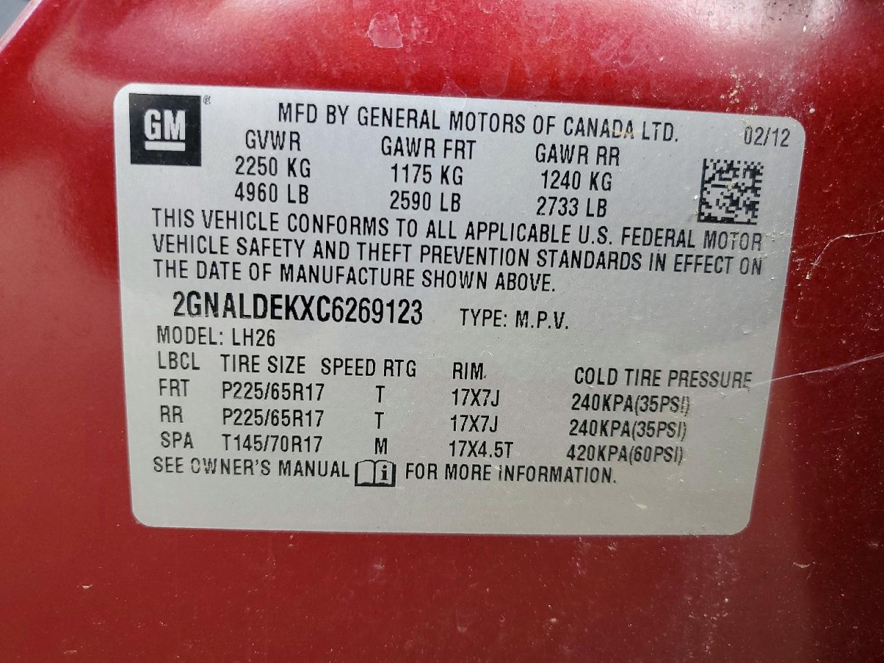 2012 Chevrolet Equinox Lt Red vin: 2GNALDEKXC6269123