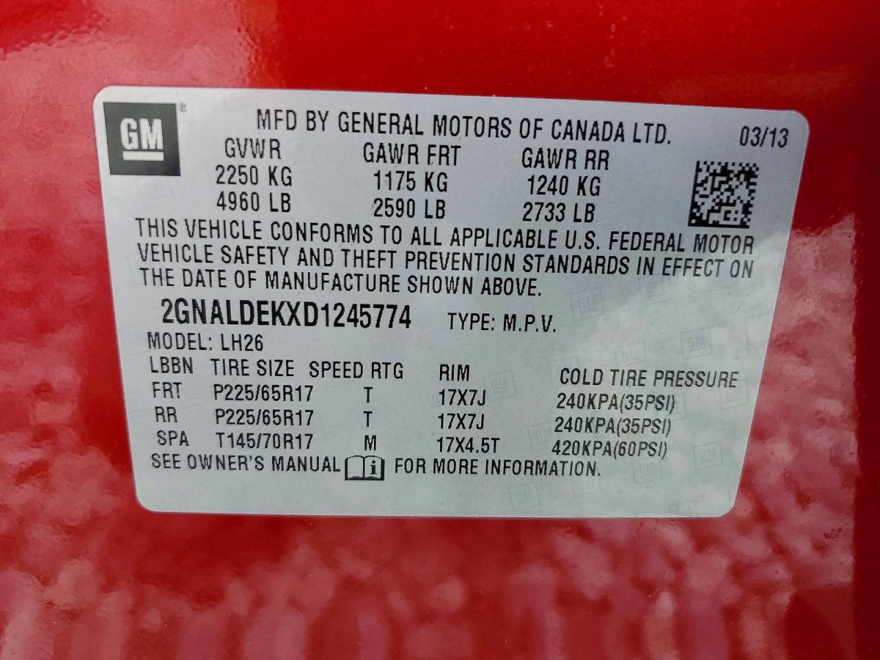 2013 Chevrolet Equinox Lt Red vin: 2GNALDEKXD1245774