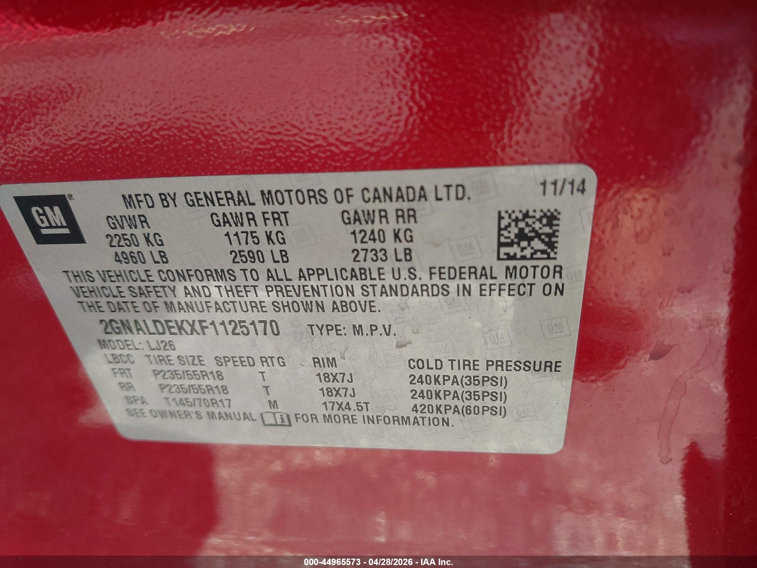 2015 Chevrolet Equinox Ltz Бордовый vin: 2GNALDEKXF1125170