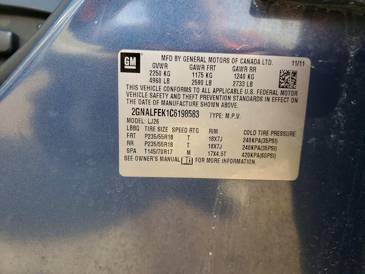 2012 Chevrolet Equinox Ltz Blue vin: 2GNALFEK1C6198583