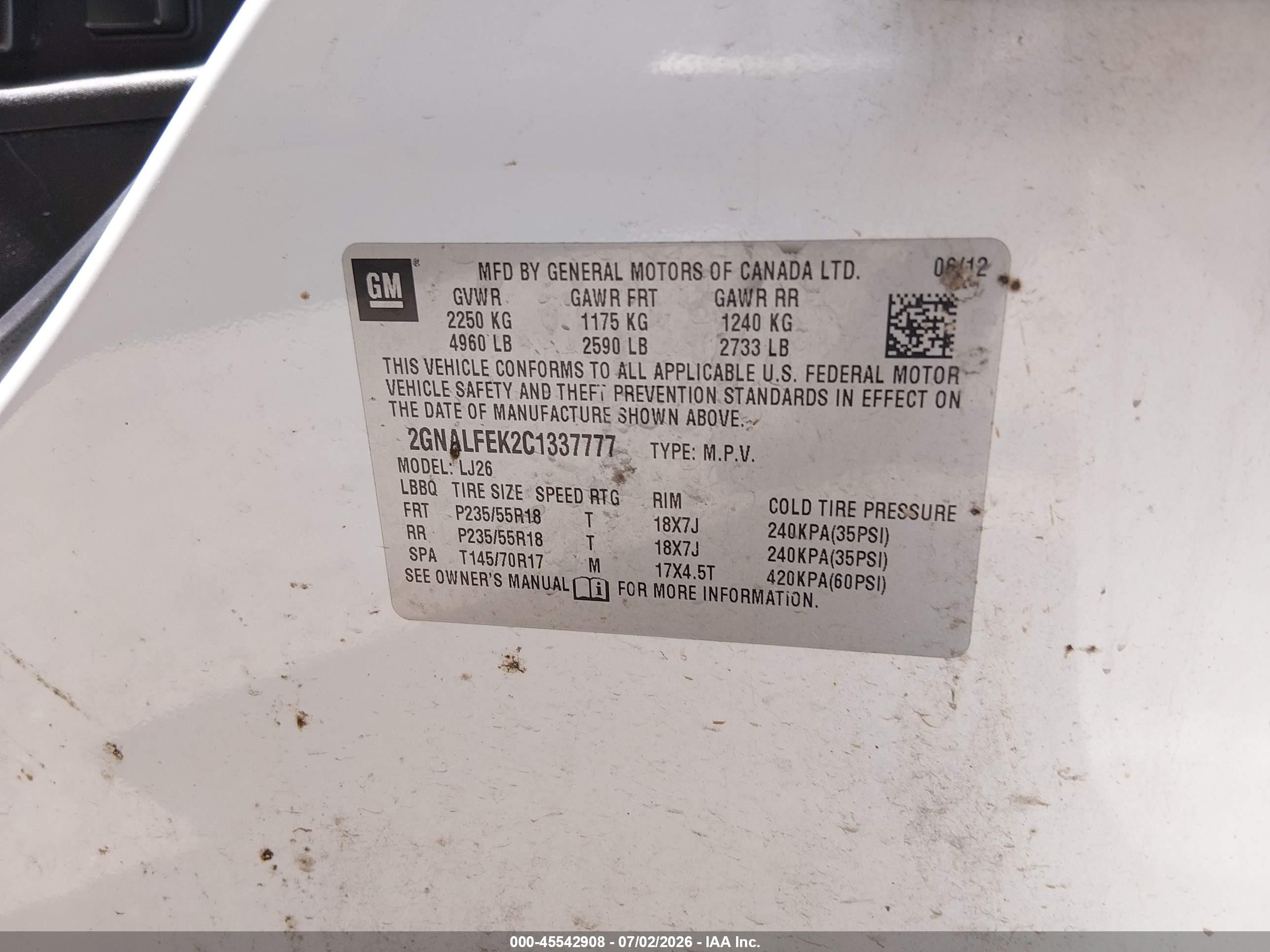 2012 Chevrolet Equinox Ltz White vin: 2GNALFEK2C1337777