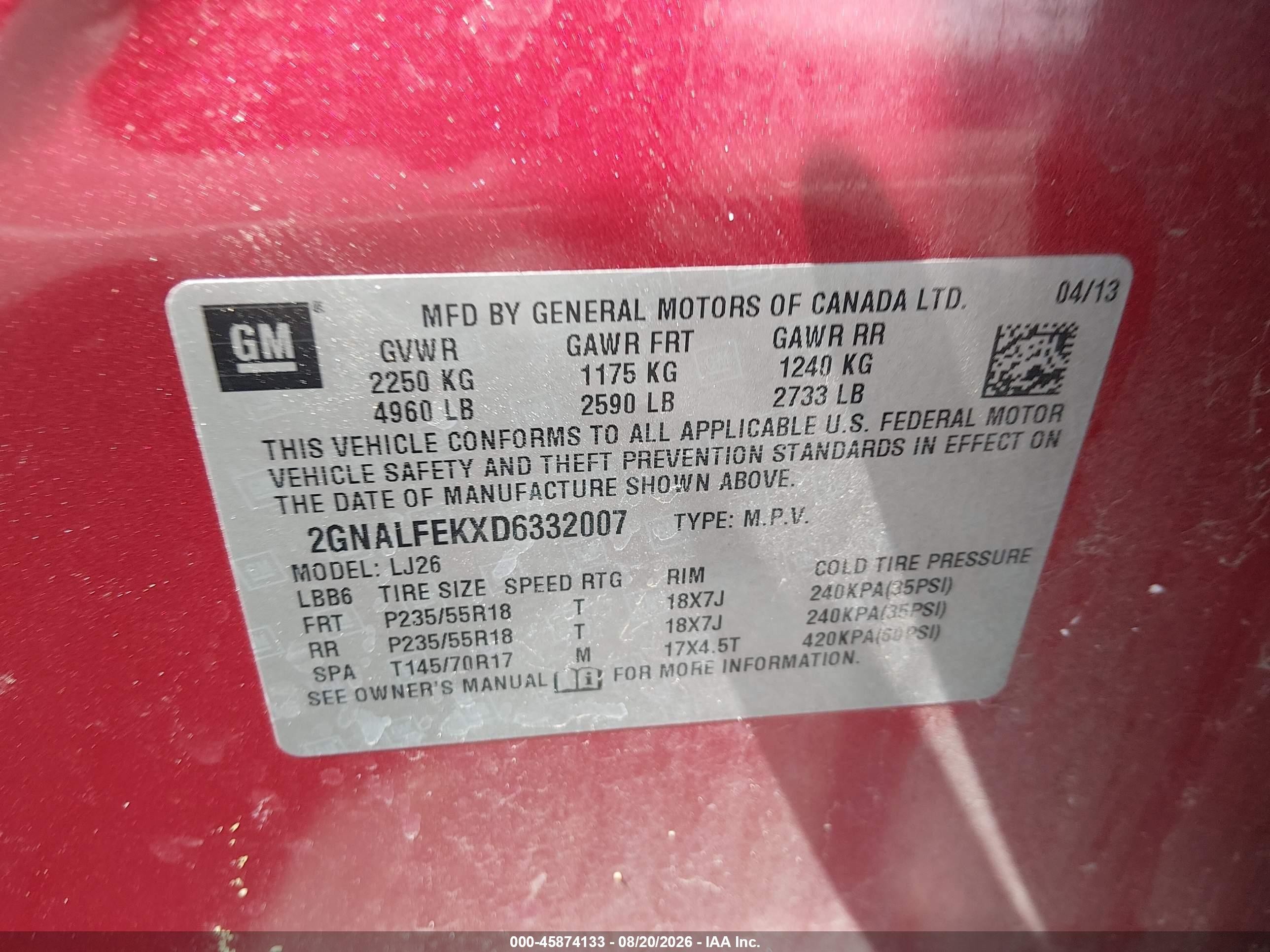 2013 Chevrolet Equinox Ltz Red vin: 2GNALFEKXD6332007