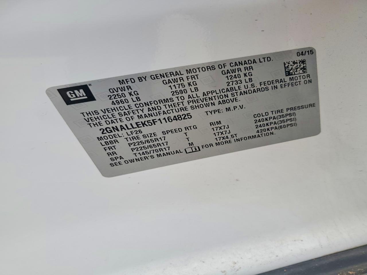 2015 Chevrolet Equinox L White vin: 2GNALLEK5F1164825
