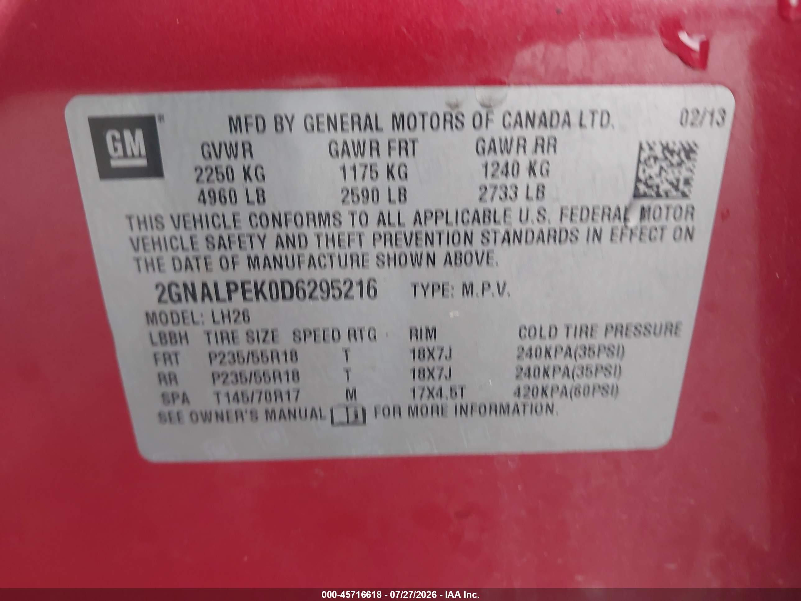 2013 Chevrolet Equinox Lt Red vin: 2GNALPEK0D6295216