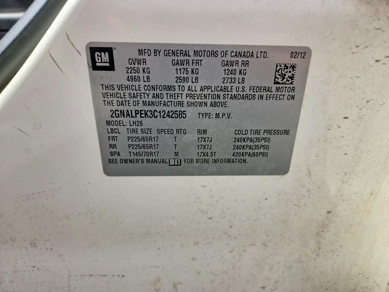 2012 Chevrolet Equinox Lt White vin: 2GNALPEK3C1242585