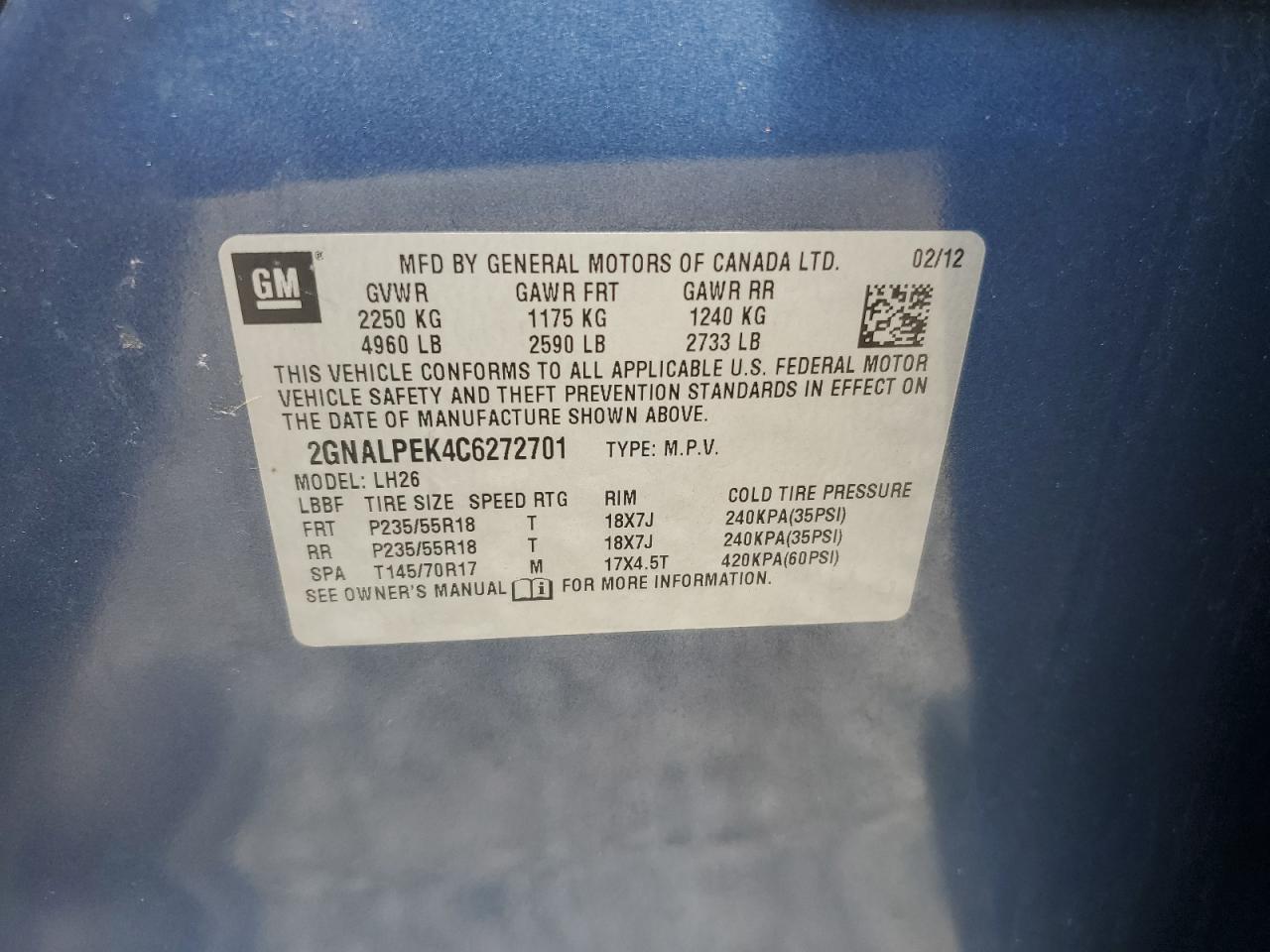 2012 Chev Equinox Lt Blue vin: 2GNALPEK4C6272701