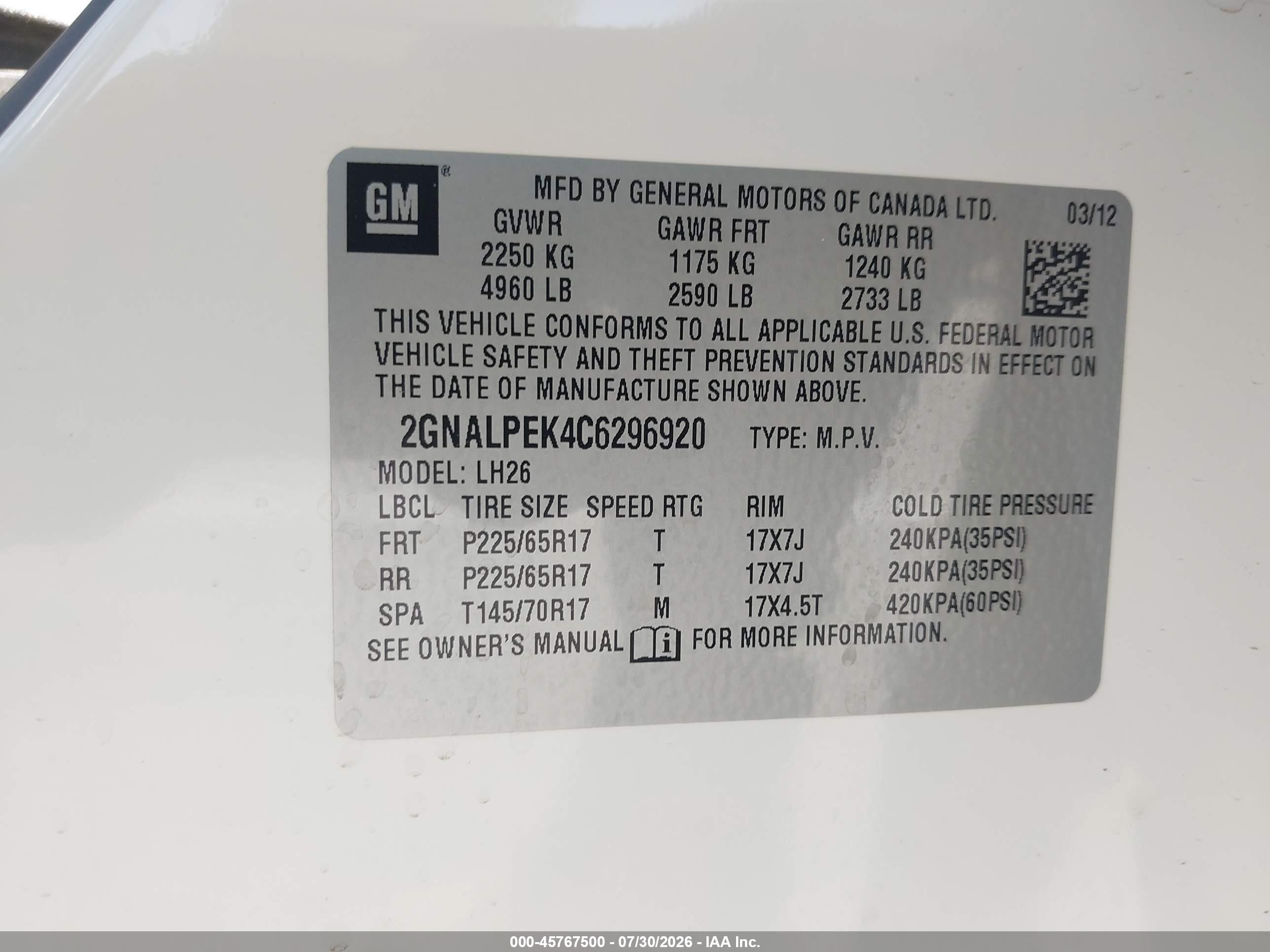 2012 Chevrolet Equinox Lt W/2lt White vin: 2GNALPEK4C6296920