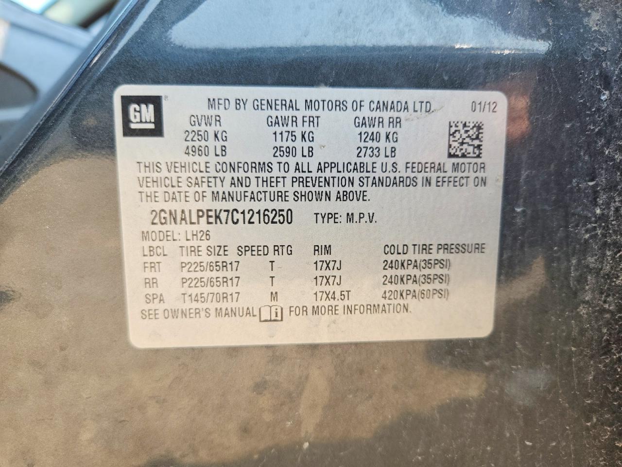 2012 Chevrolet Equinox Lt Угольный vin: 2GNALPEK7C1216250