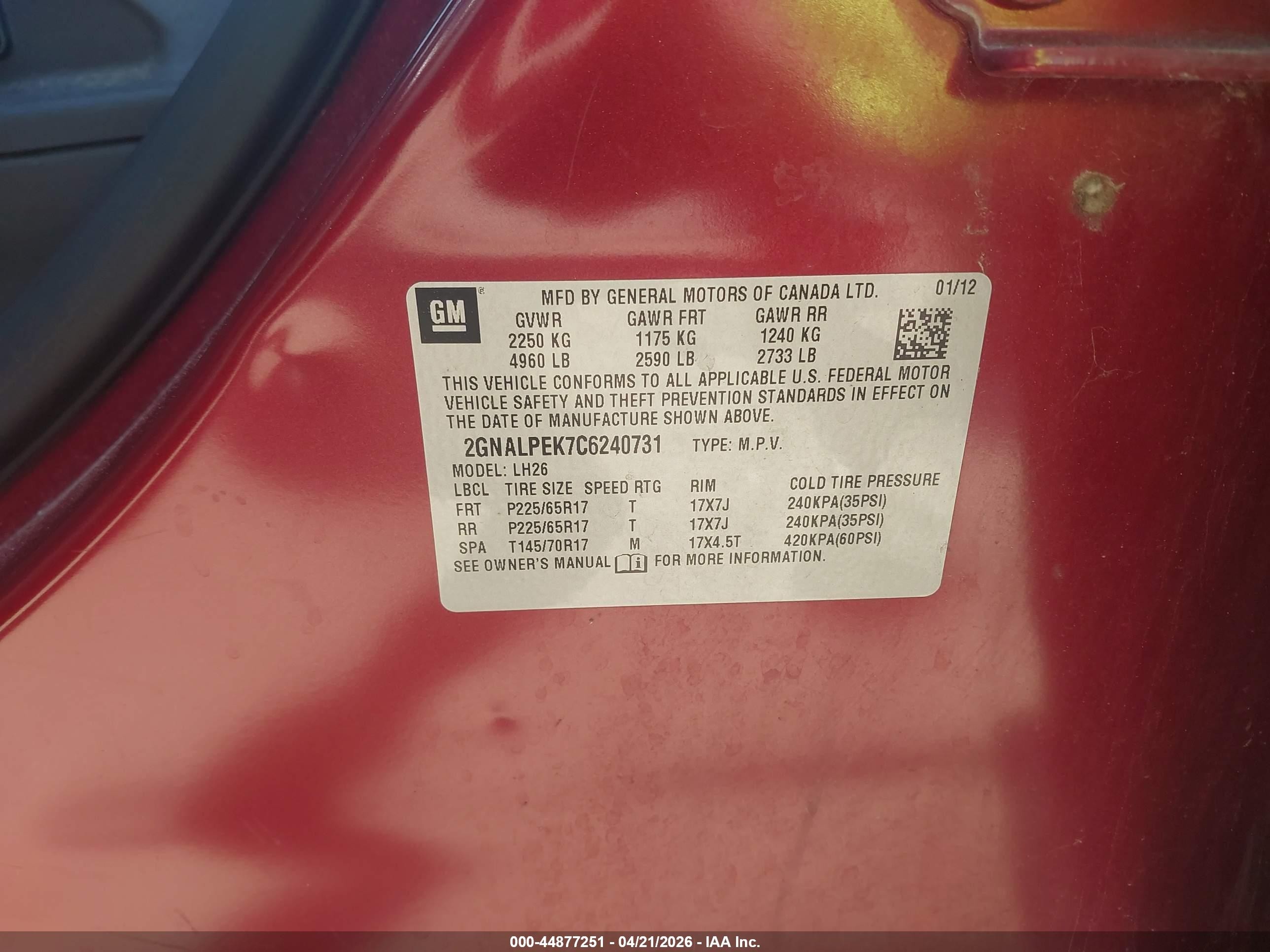 2012 Chevrolet Equinox 2lt Red vin: 2GNALPEK7C6240731
