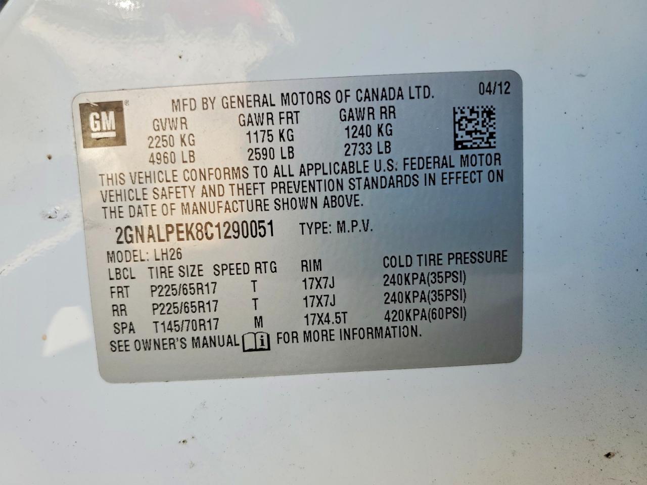 2012 Chevrolet Equinox Lt White vin: 2GNALPEK8C1290051