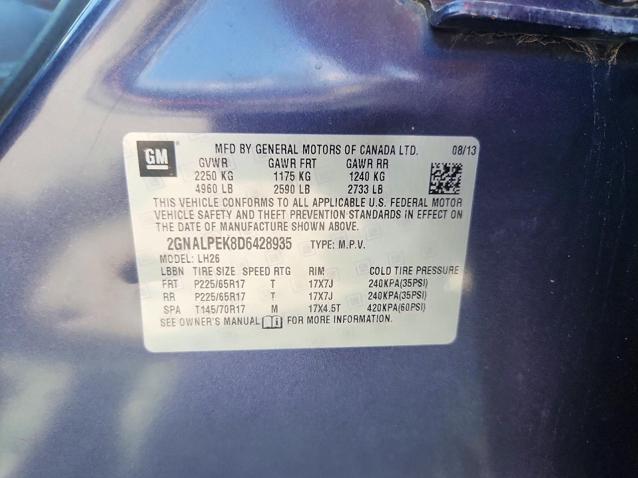 2013 Chevrolet Equinox Lt Blue vin: 2GNALPEK8D6428935