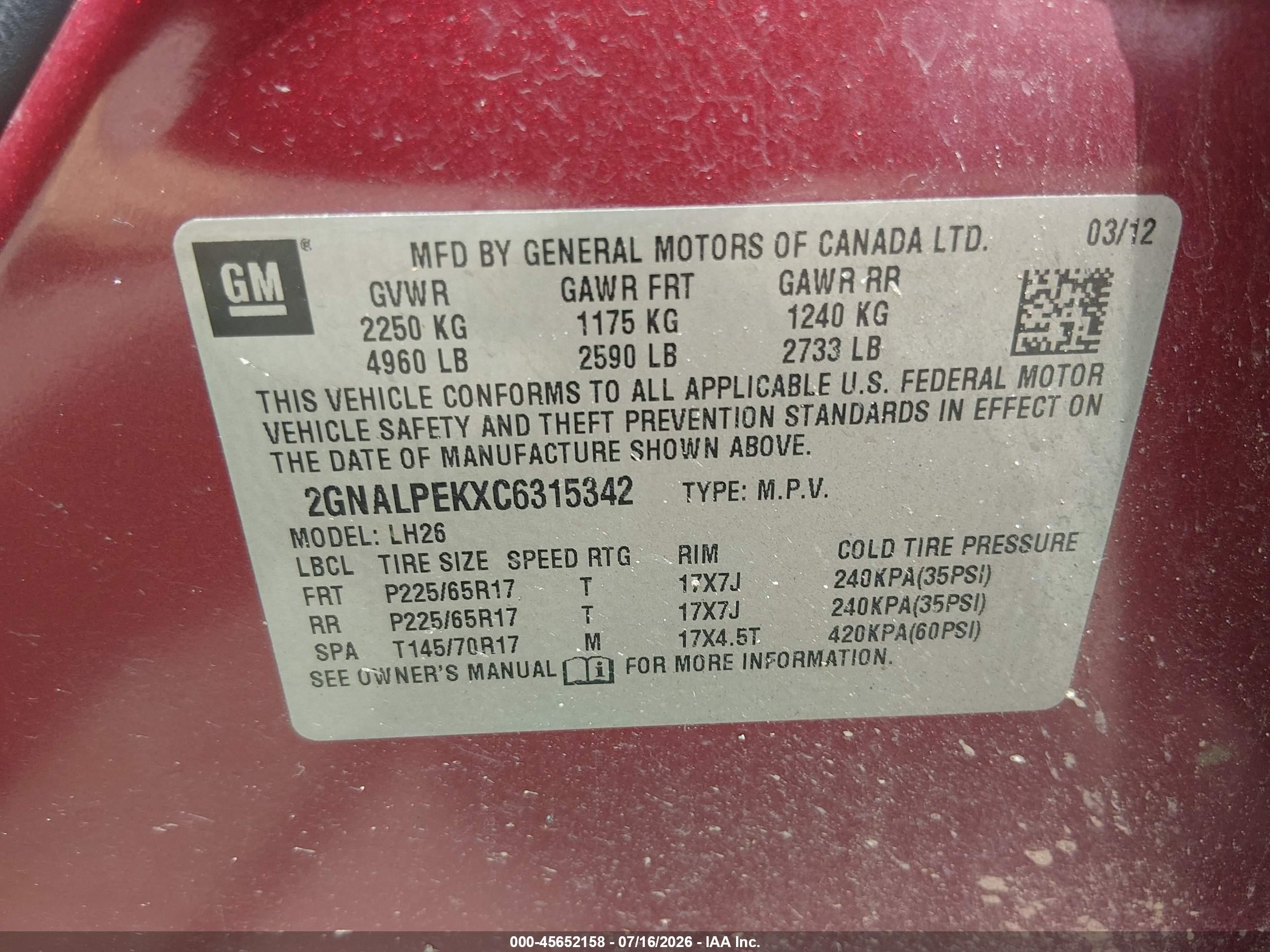 2012 Chevrolet Equinox Lt W/2lt Red vin: 2GNALPEKXC6315342