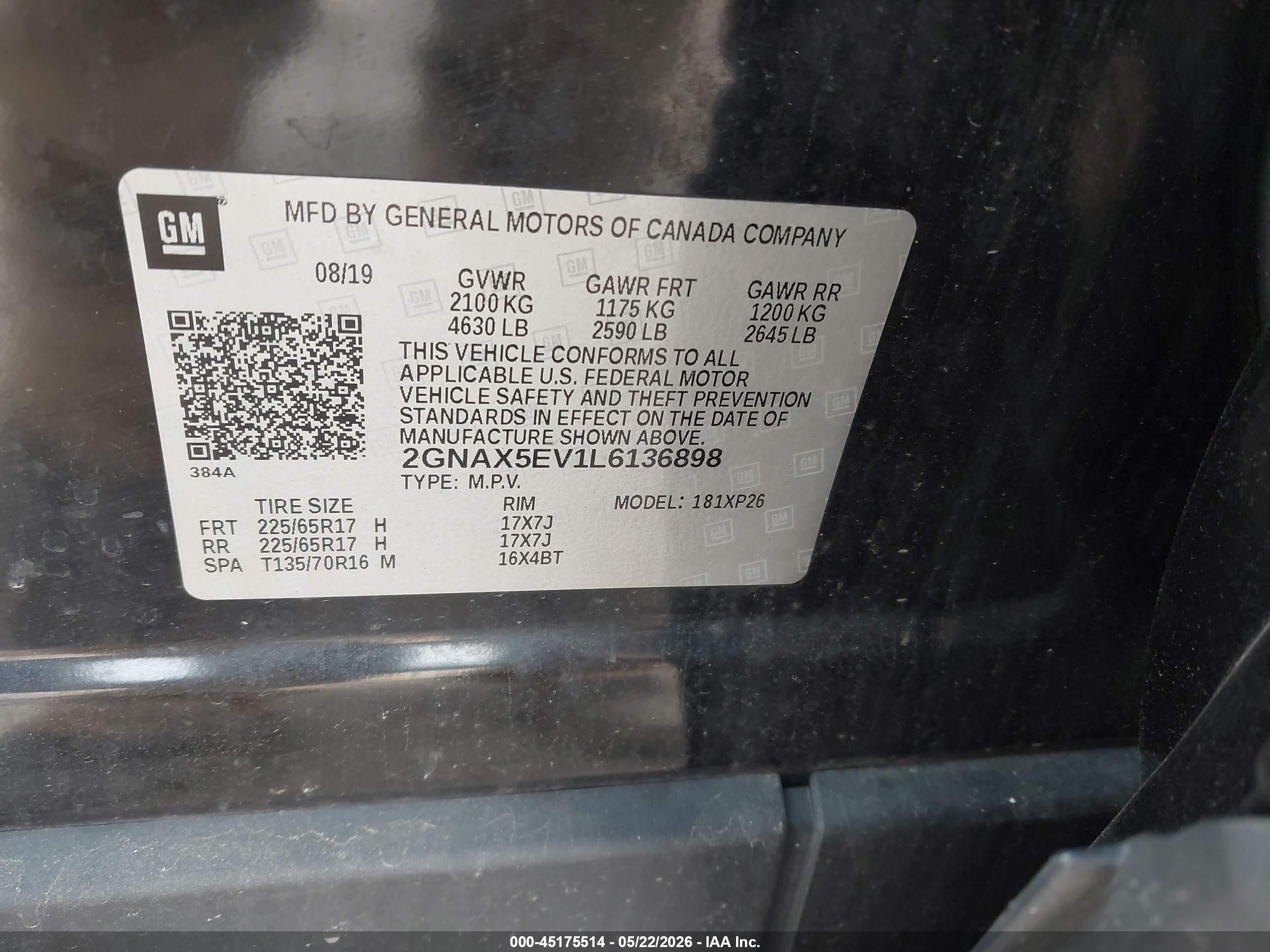 2020 Chevrolet Equinox Awd 1fl Black vin: 2GNAX5EV1L6136898