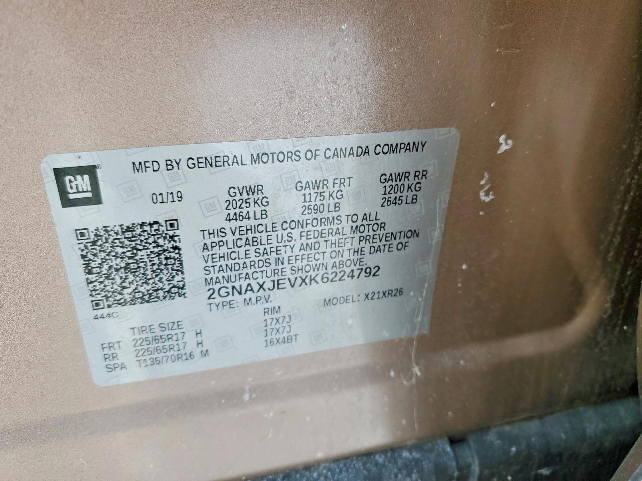 2019 Chevrolet Equinox Lt Tan vin: 2GNAXJEVXK6224792