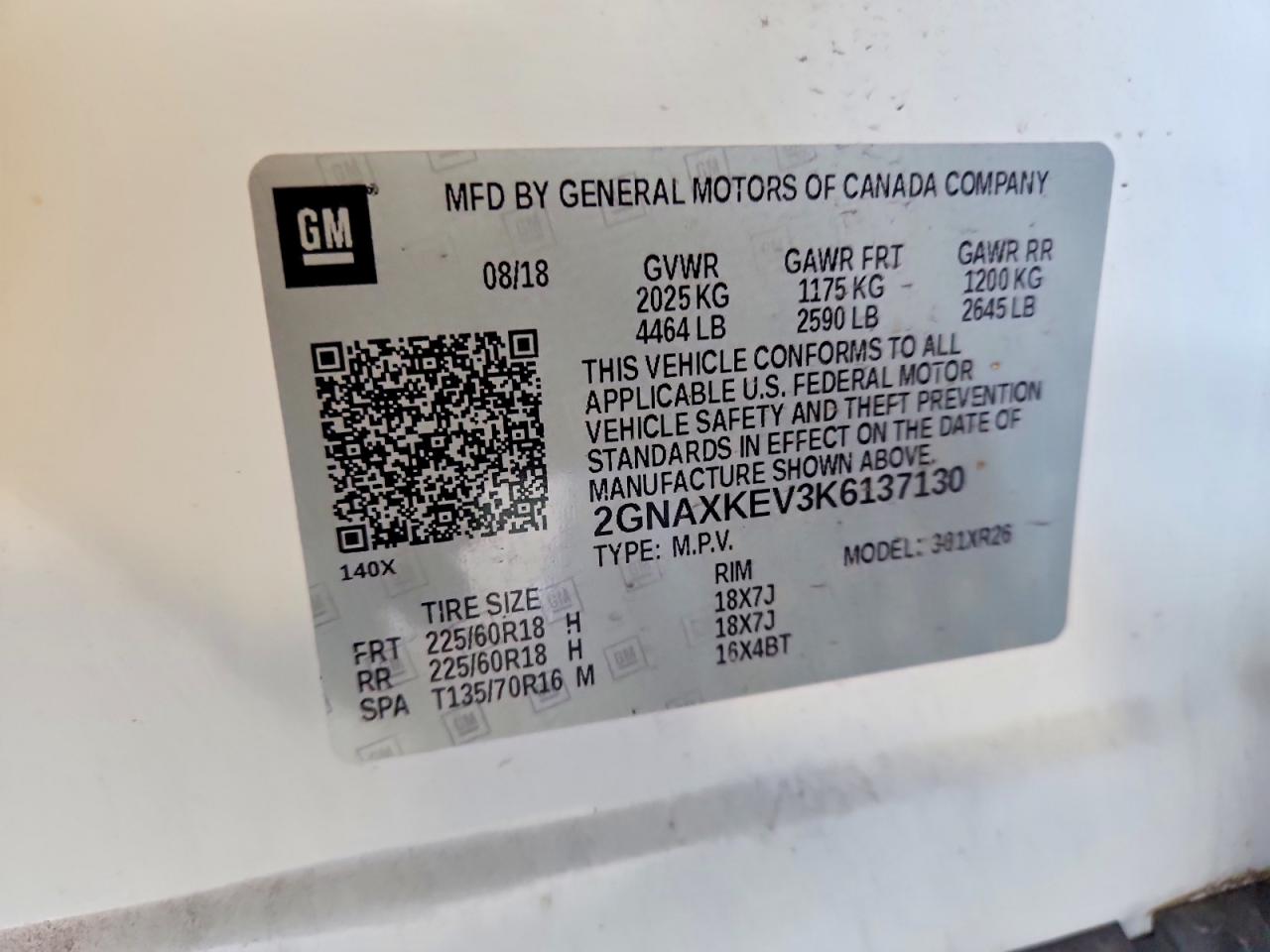 2019 Chev Equinox White vin: 2GNAXKEV3K6137130