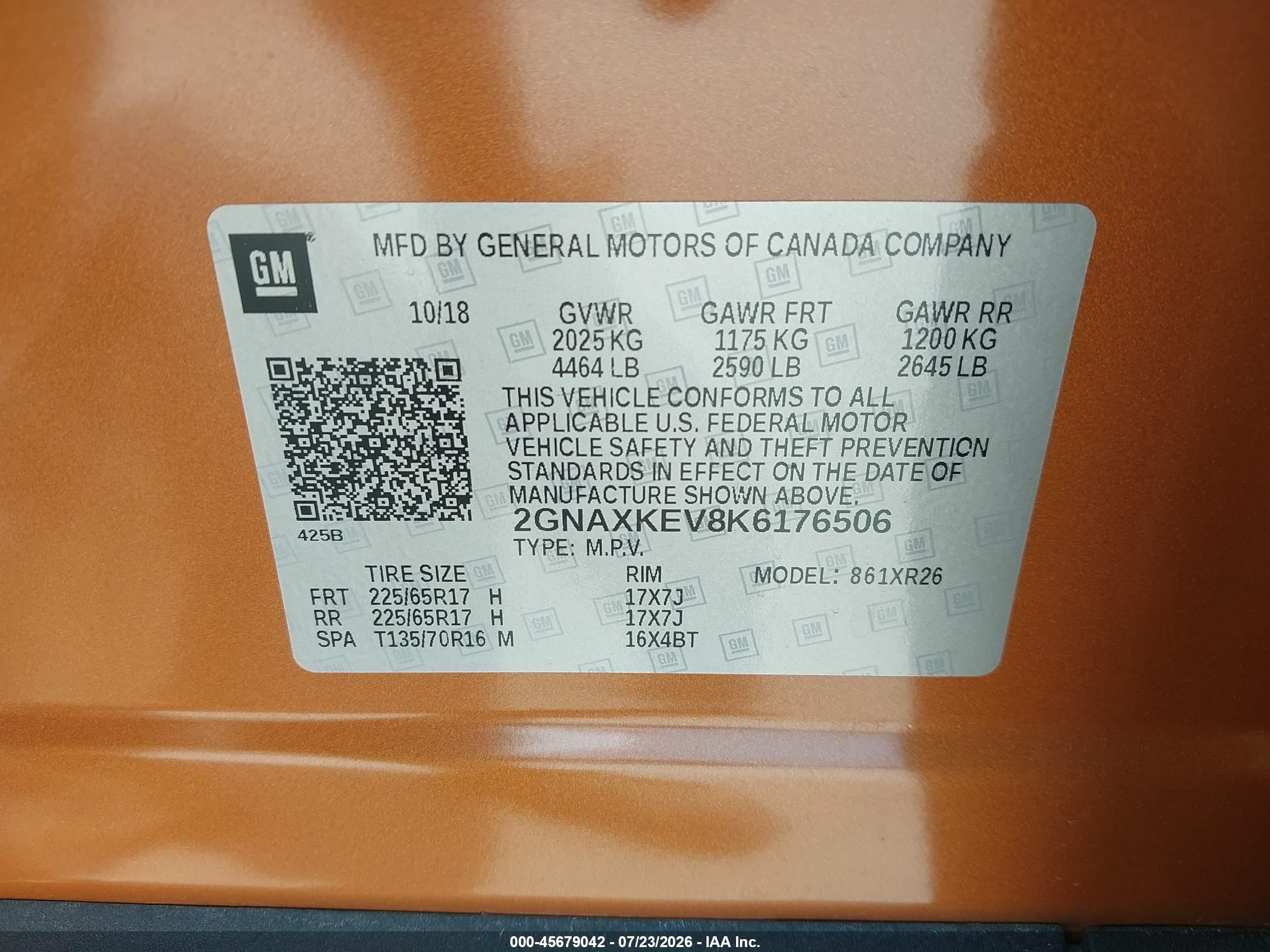 2019 Chevrolet Equinox Lt Оранжевый vin: 2GNAXKEV8K6176506