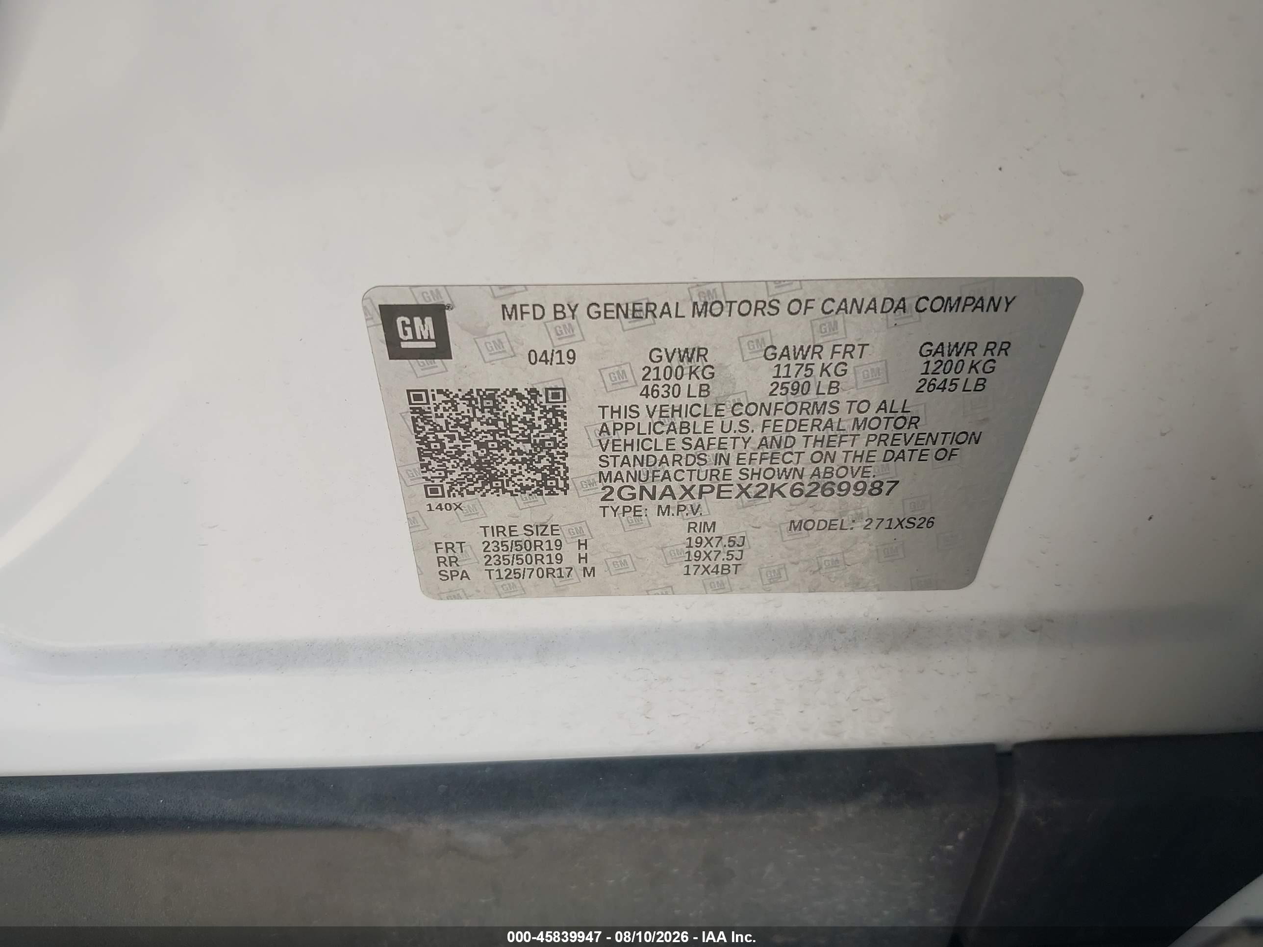 2019 Chevrolet Equinox Premier Белый vin: 2GNAXPEX2K6269987