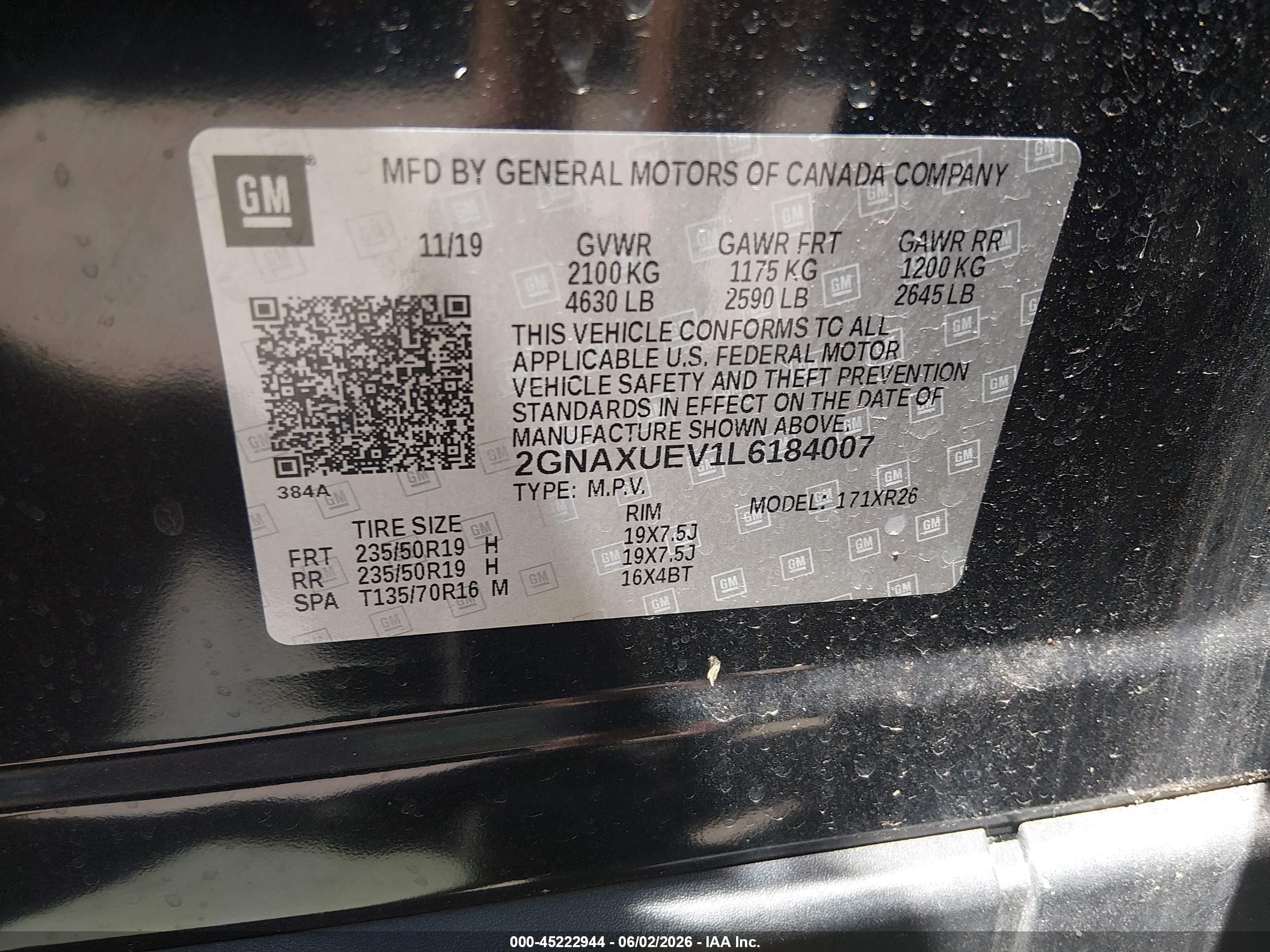 2020 Chevrolet Equinox Awd Lt 1.5l Turbo Black vin: 2GNAXUEV1L6184007