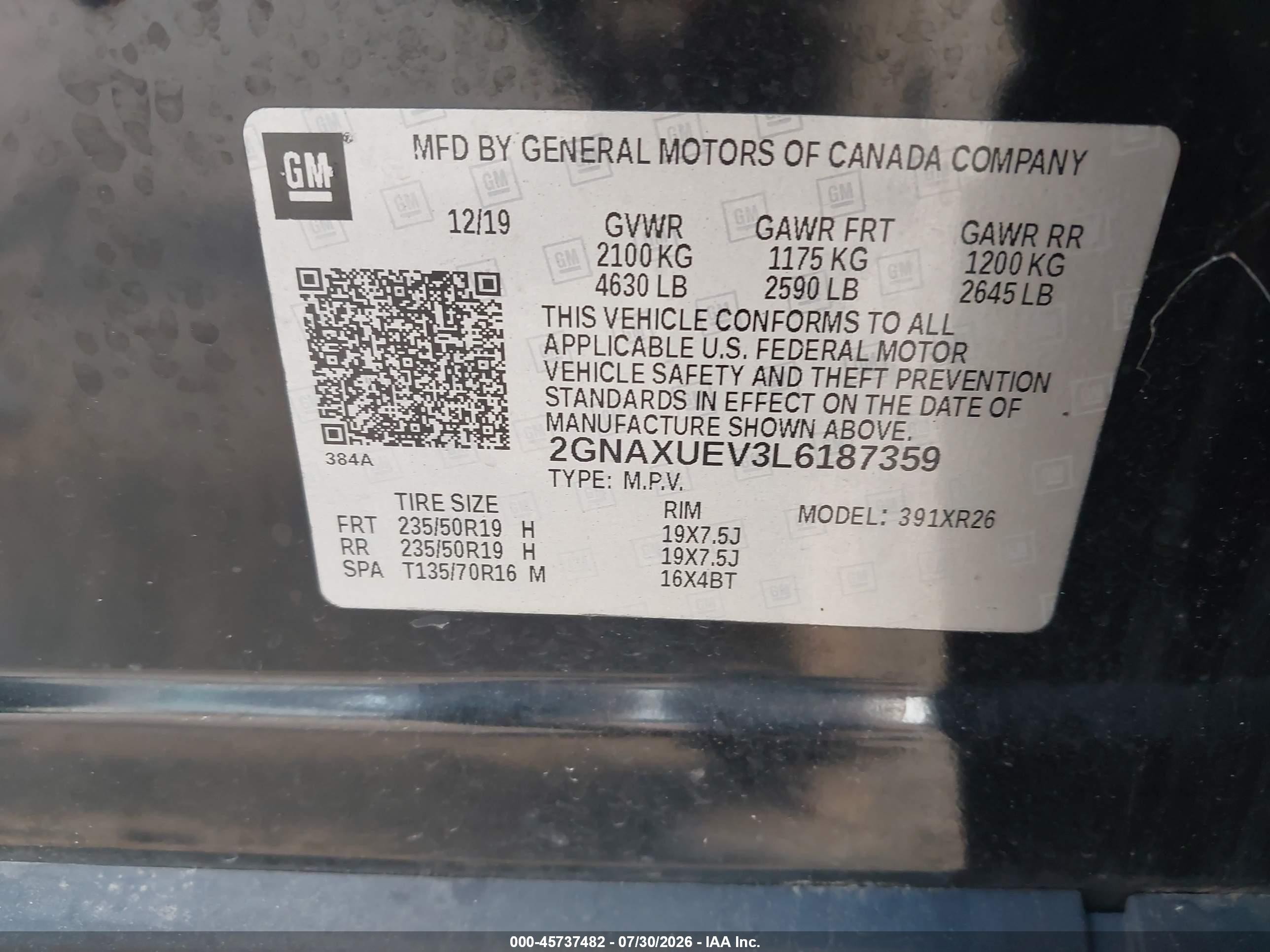 2020 Chevrolet Equinox Awd Lt 1.5l Turbo Черный vin: 2GNAXUEV3L6187359