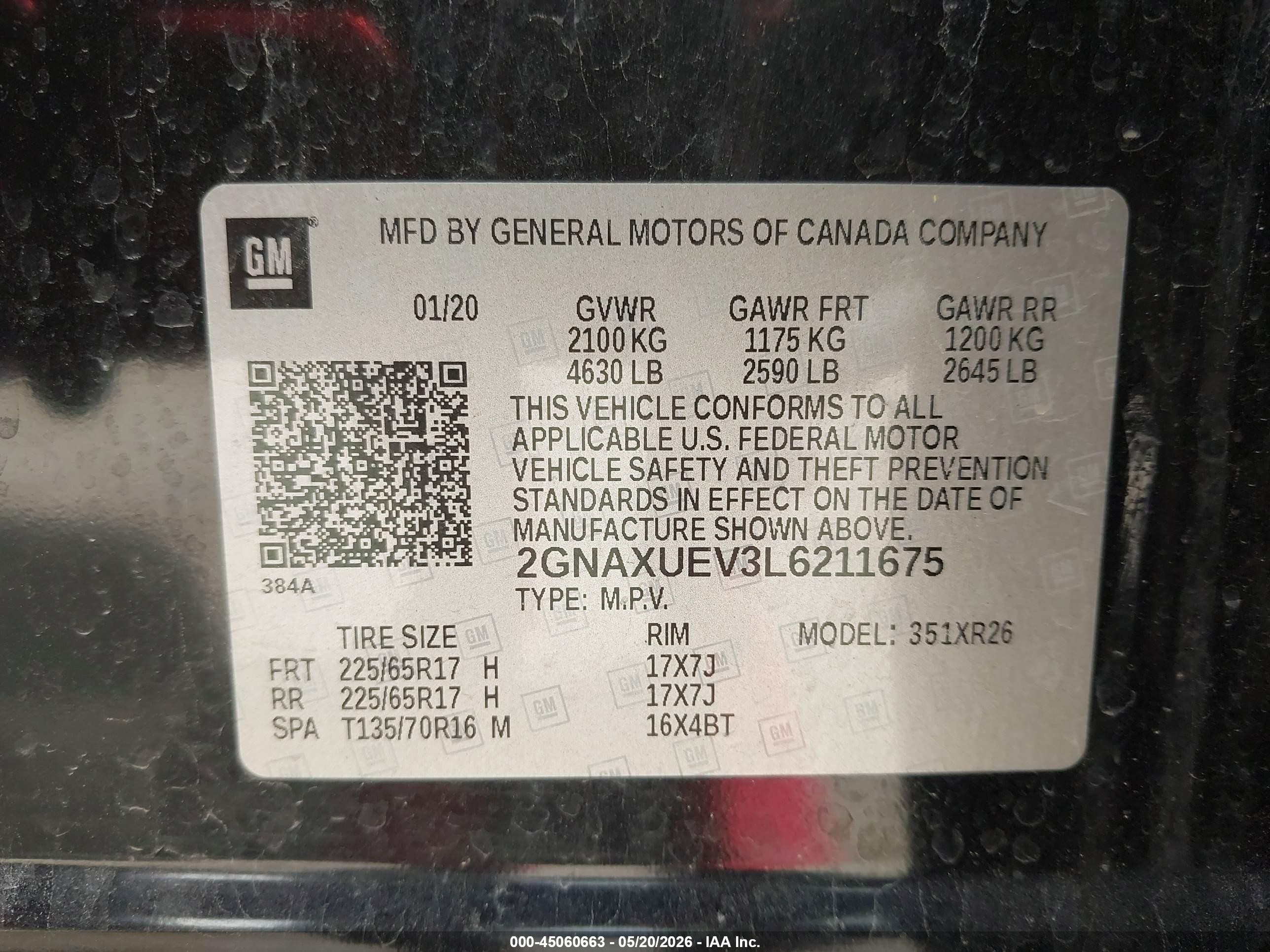 2020 Chevrolet Equinox Awd Lt 1.5l Turbo Черный vin: 2GNAXUEV3L6211675