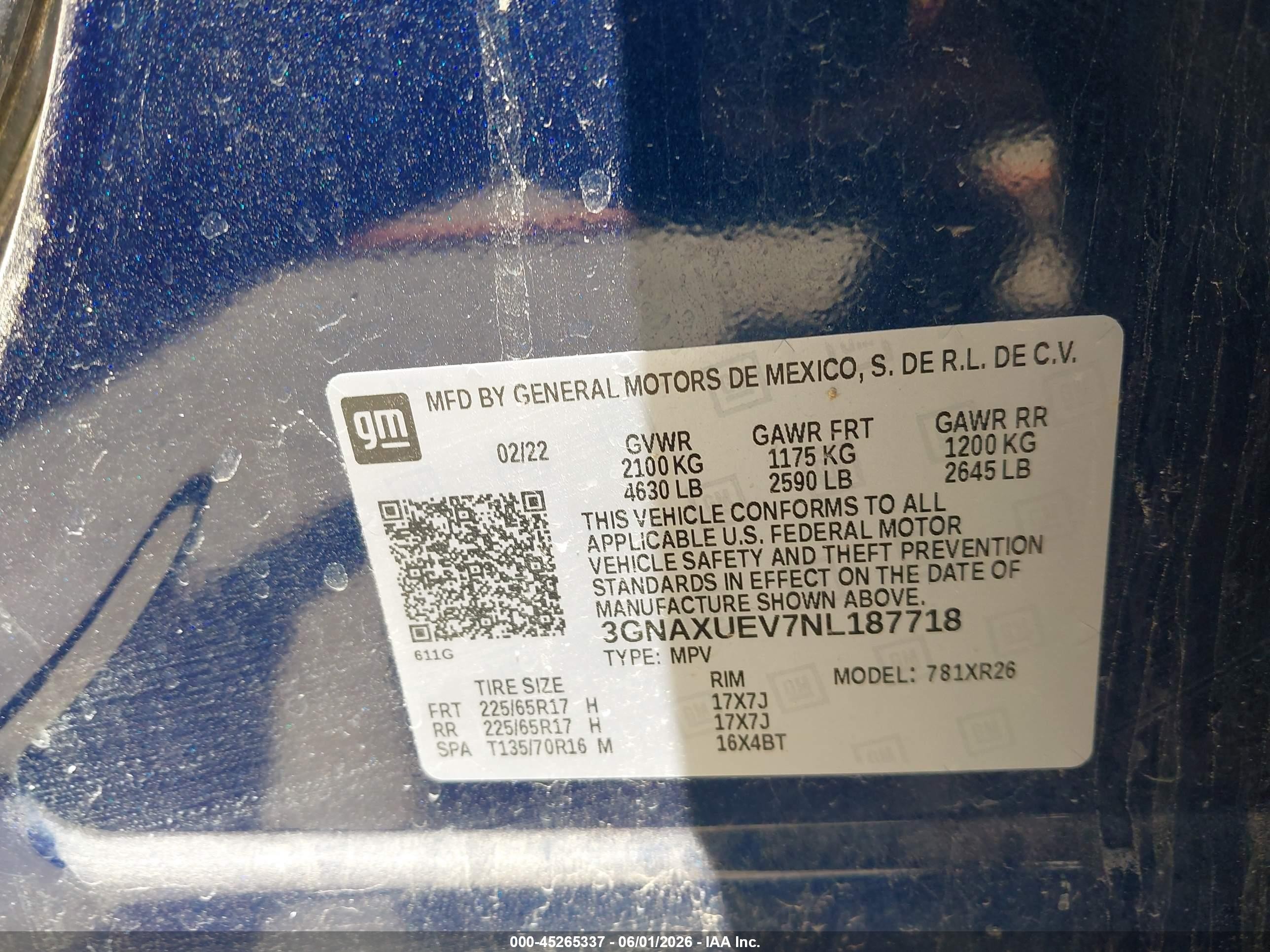 2022 Chevrolet Equinox Awd Lt Blue vin: 2GNAXUEV7NL187718