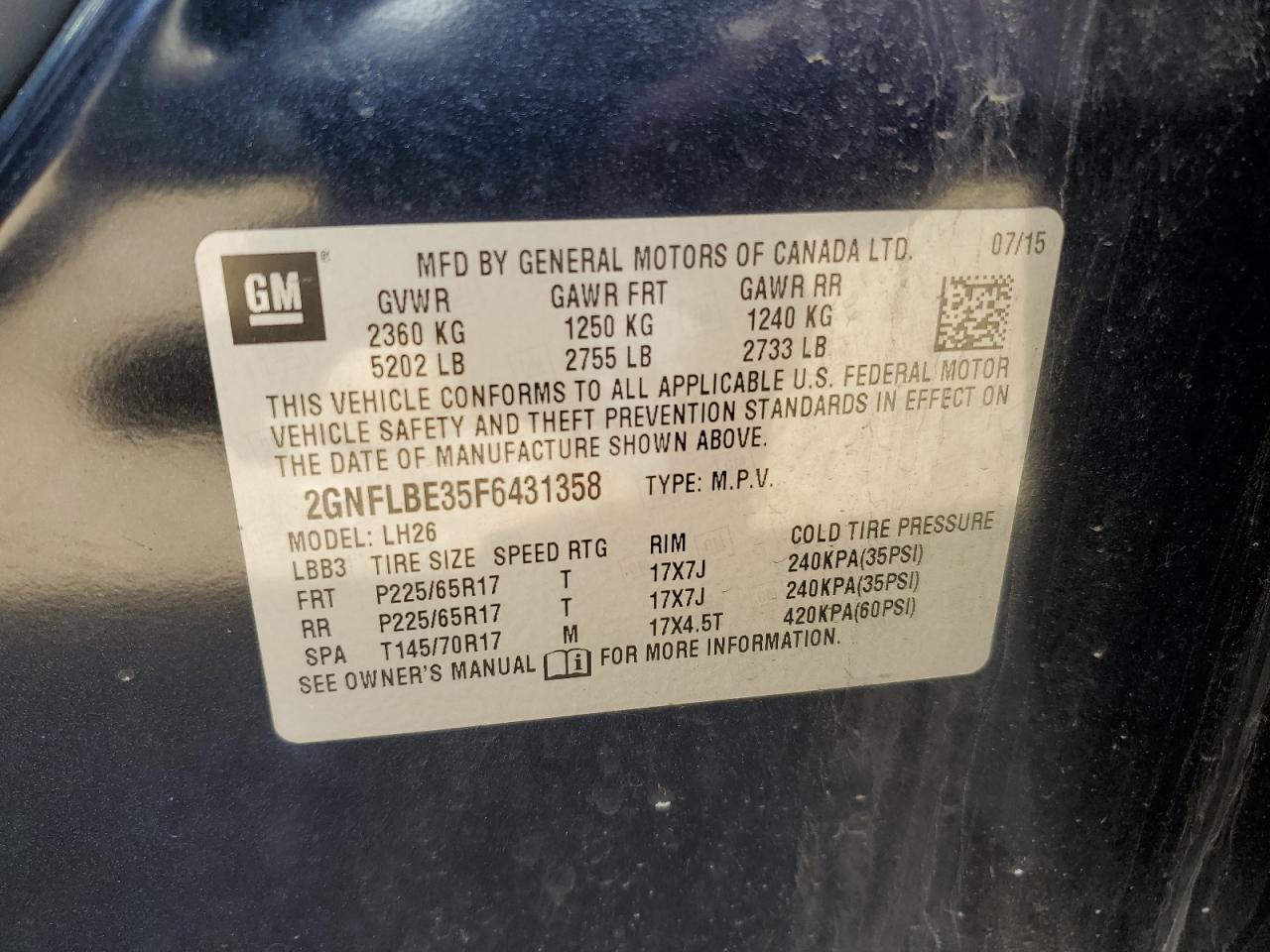 2015 Chevrolet Equinox Lt Blue vin: 2GNFLBE35F6431358