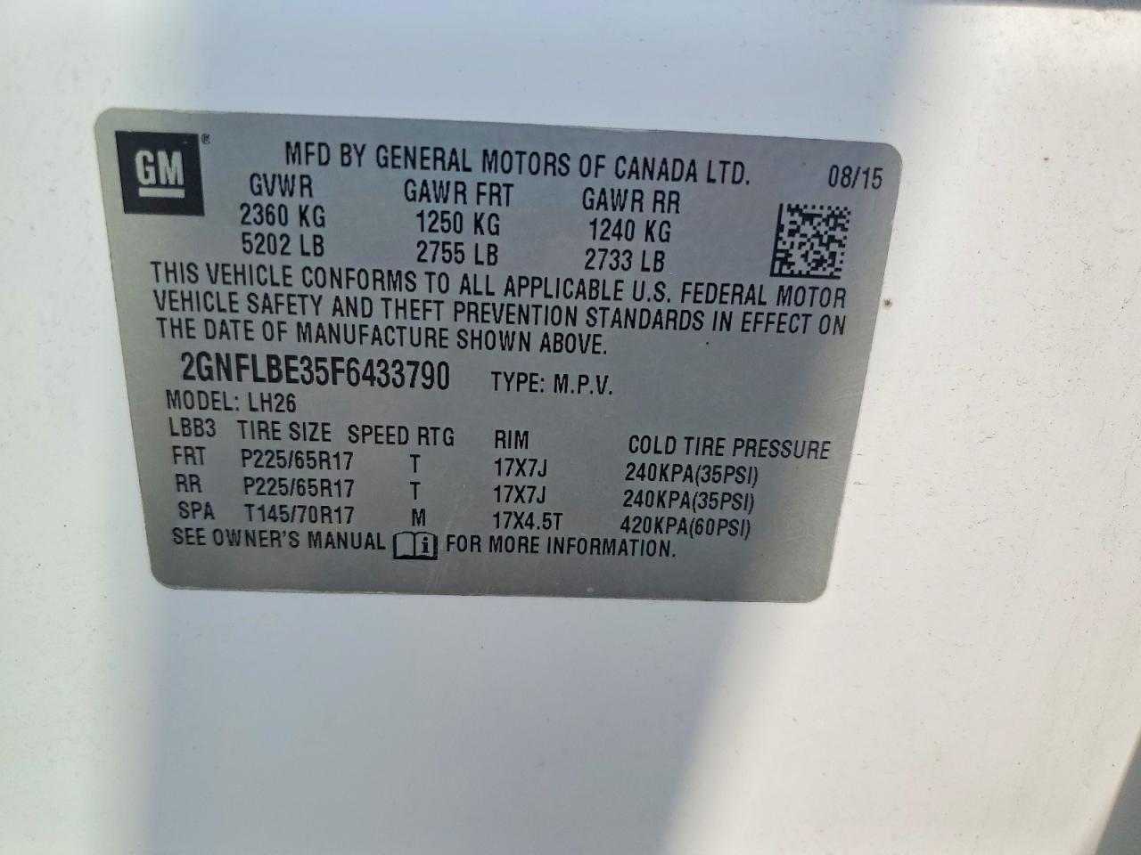 2015 Chevrolet Equinox Lt White vin: 2GNFLBE35F6433790