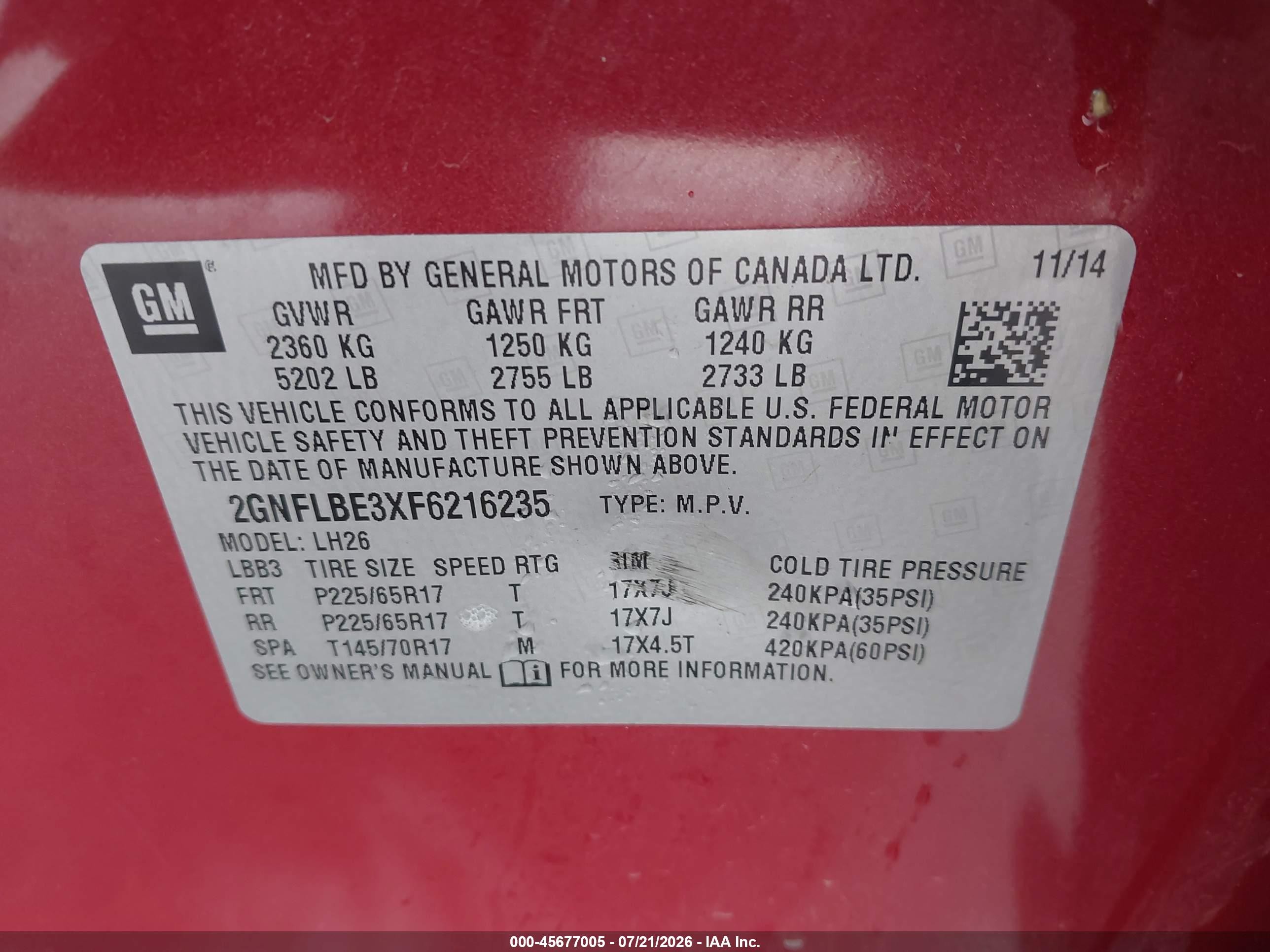 2015 Chevrolet Equinox Lt Red vin: 2GNFLBE3XF6216235