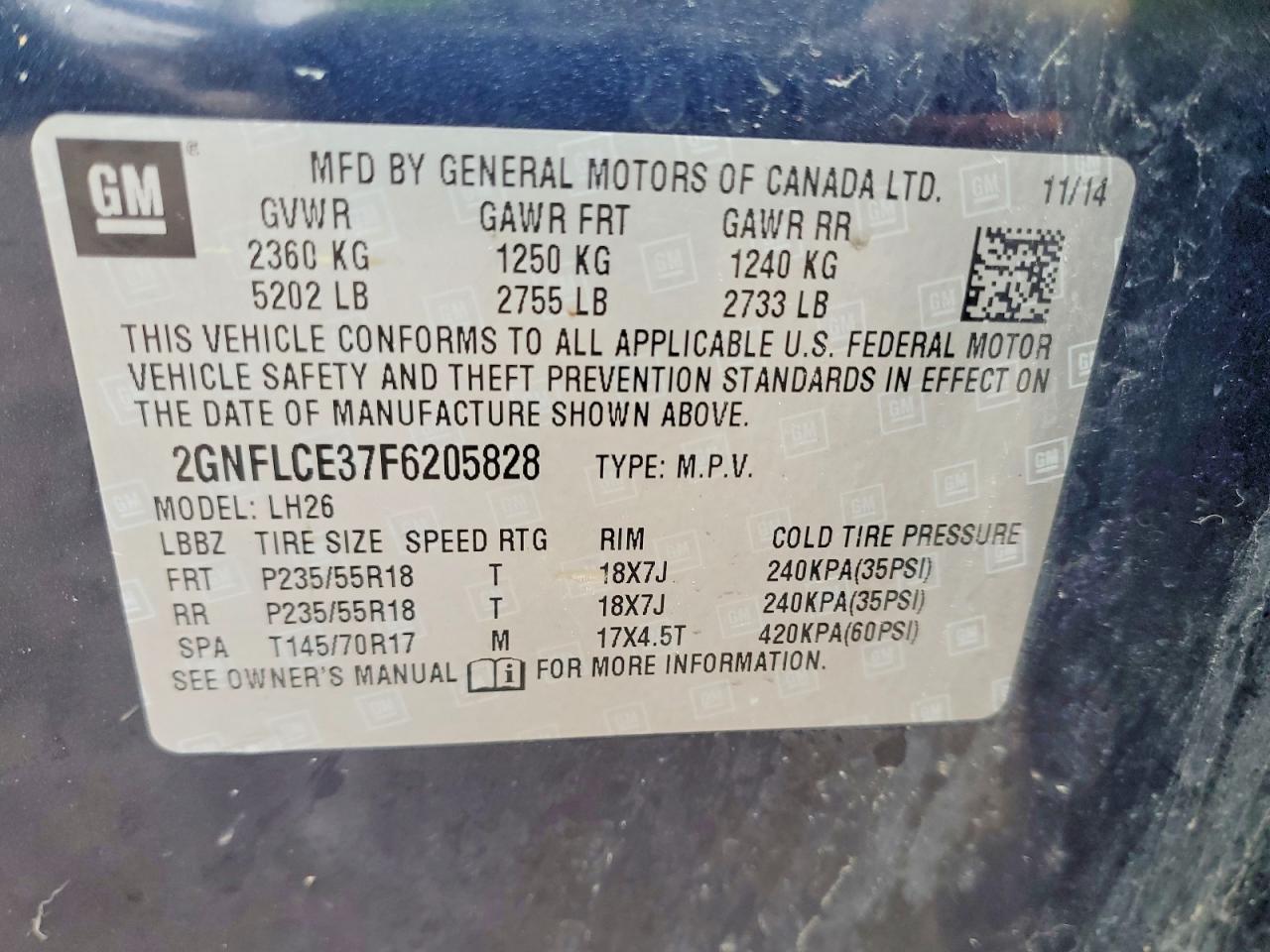 2015 Chevrolet Equinox Lt Blue vin: 2GNFLCE37F6205828